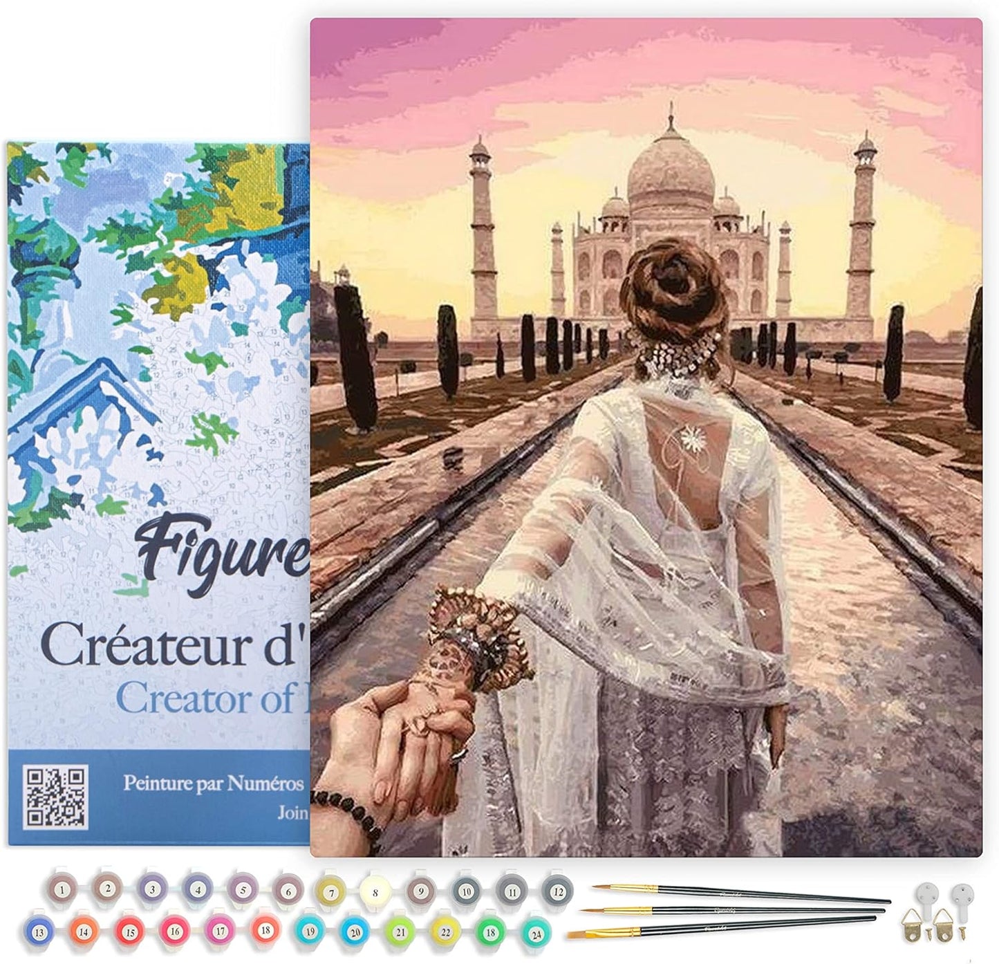 Malen nach Zahlen Set - Taj Mahal, Spaziergang am romantischen Taj Mahal 40x50cm Mit Rahmen (bereits gespannt)