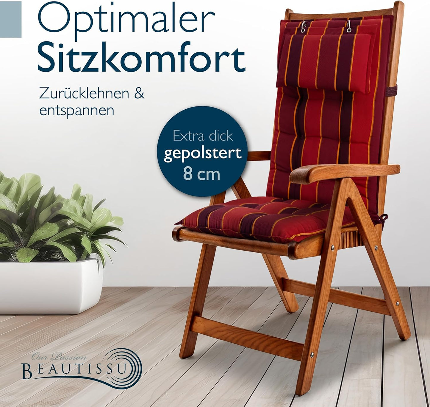 4-teiliges Hochlehner Auflagen-Set mit Kopfpolster, 4 Auflagen Rot Gestreift