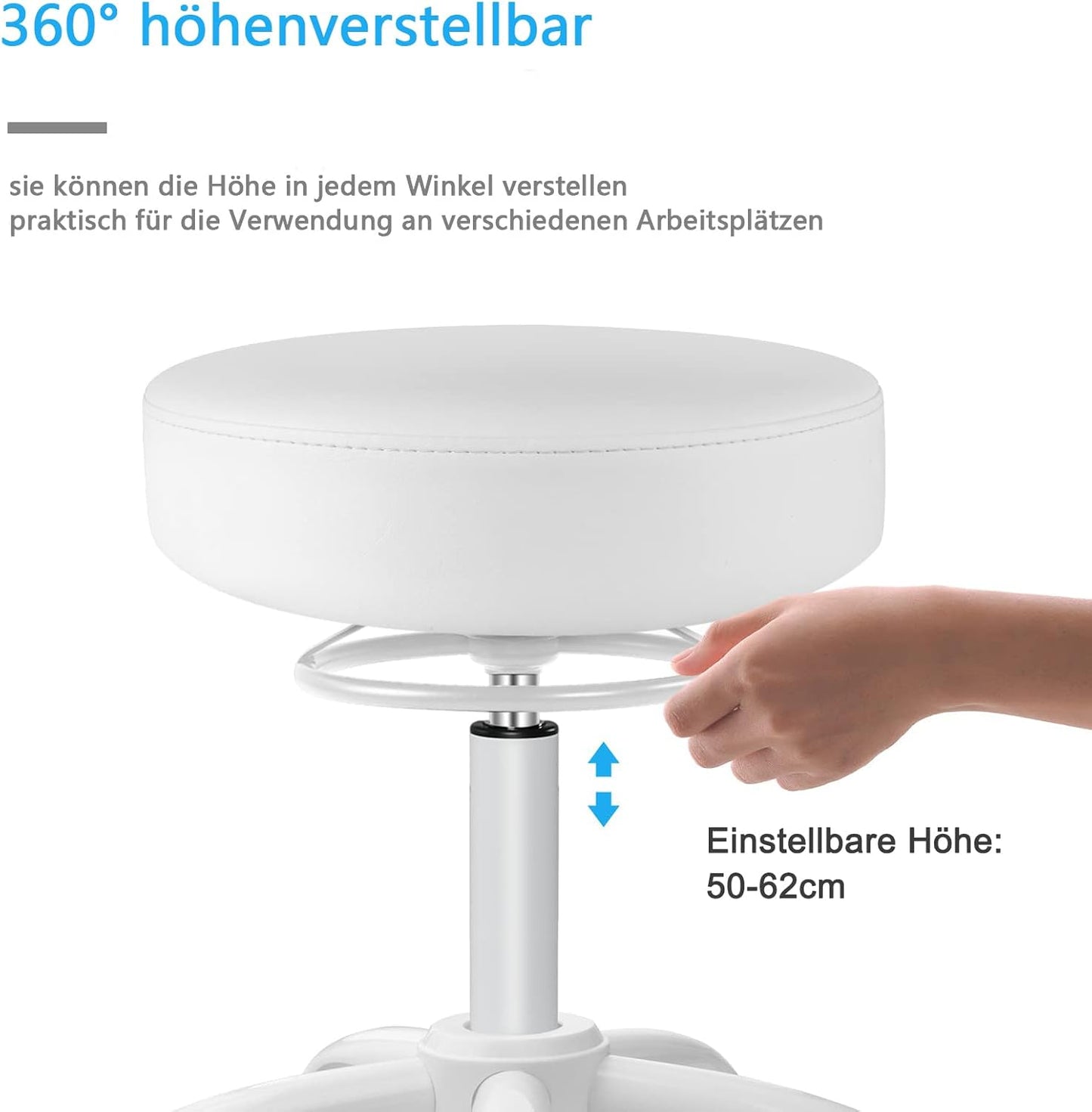 Höhenverstellbarer Rollhocker mit Rollen, Alles Weiss