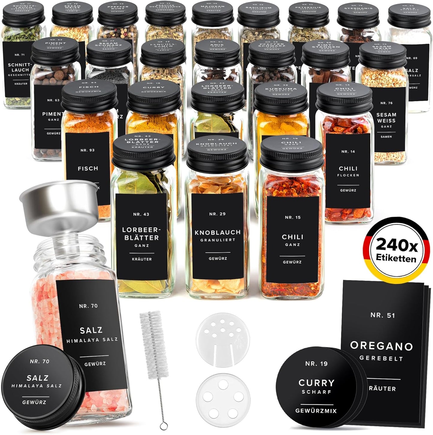 24 x Gewürzgläser-Set mit Deckel, Etiketten, Streueinsätzen und Trichter, 24x Gewürzgläser mit Schwarzem Deckel