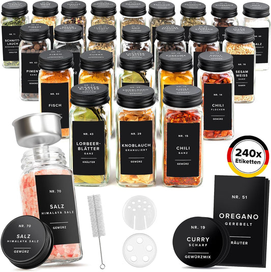 24 x Gewürzgläser-Set mit Deckel, Etiketten, Streueinsätzen und Trichter, 24x Gewürzgläser mit Schwarzem Deckel