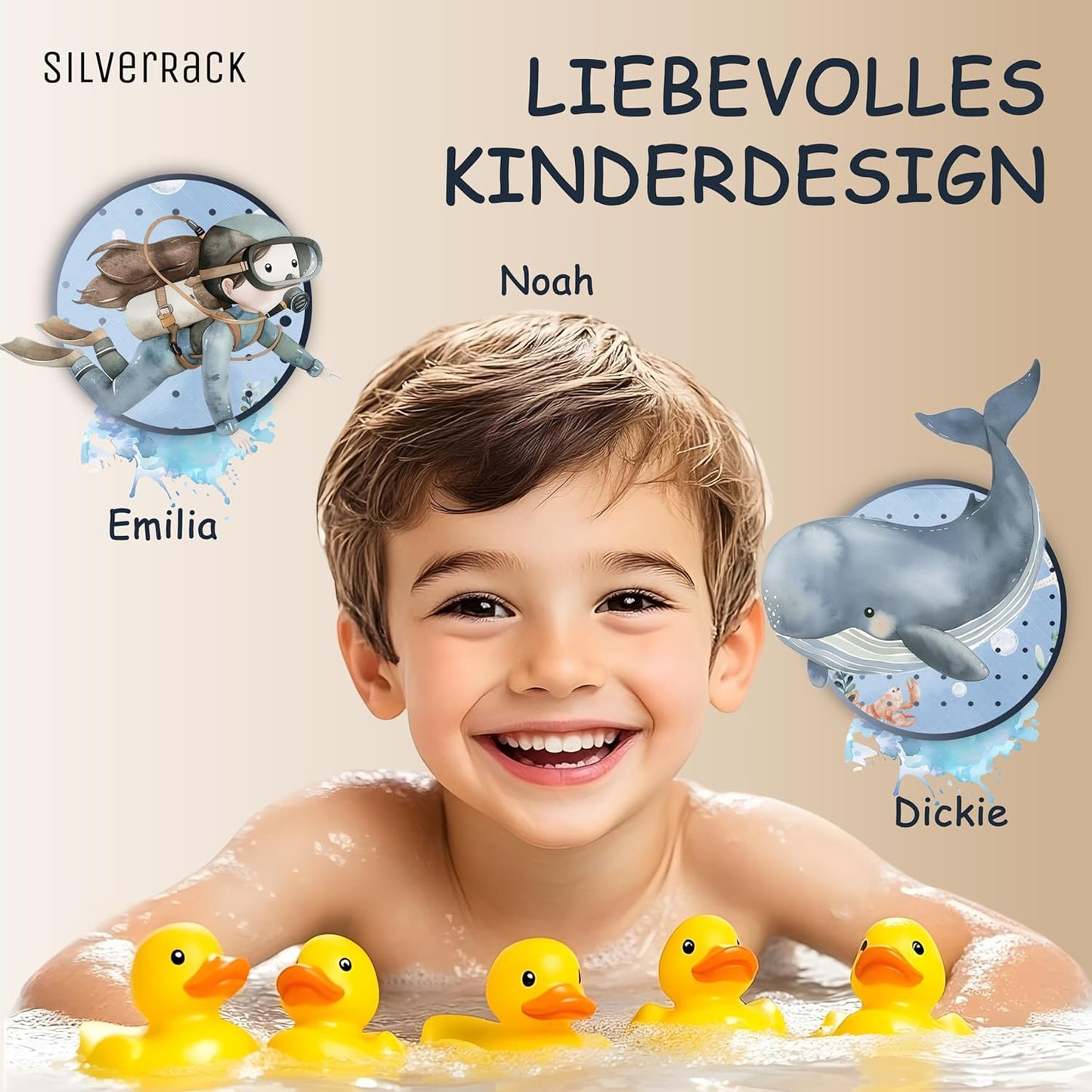 Rutschfeste Badewannenmatte für Kinder, 100 x 40 cm (Rechteckig) Wal Unterwasserwelt Blau