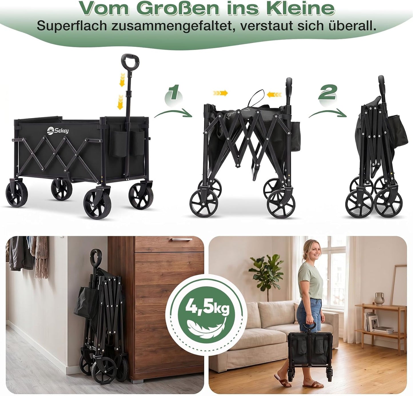 Faltbarer Bollerwagen mit verstellbarem Griff, Schwarz 60L
