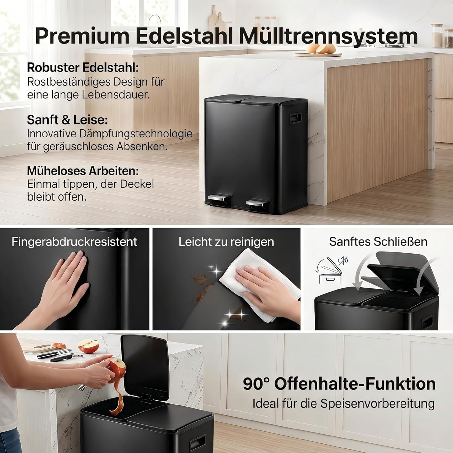 Treteimer mit Mülltrennsystem, Schwarz 48L