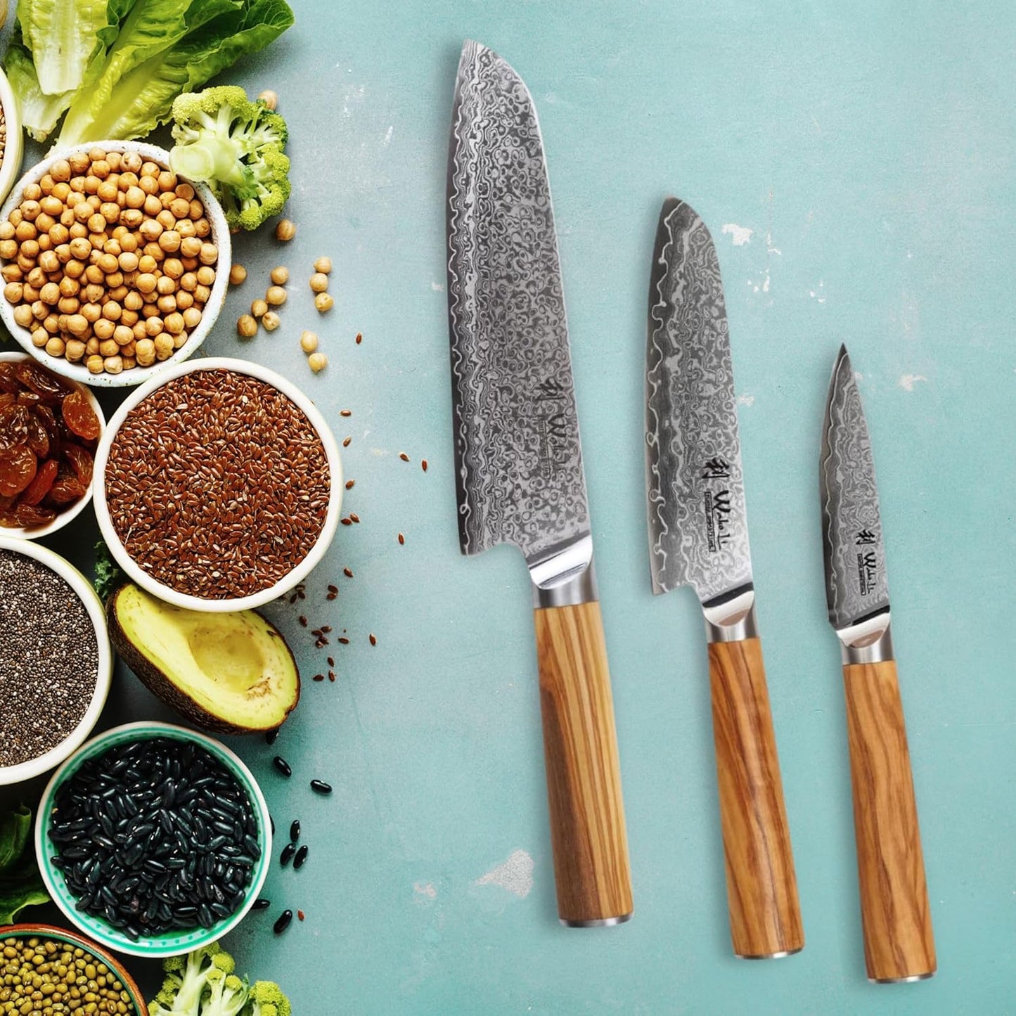 Oribu 3er Damastmesser-Set mit Olivenholzgriff, 3er Santoku Set