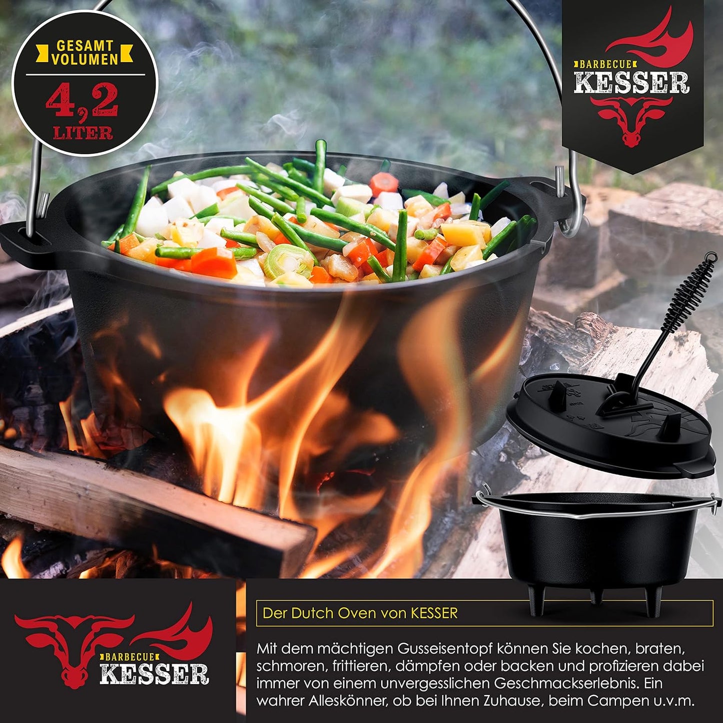 Dutch Oven Set BBQ, DO45P - 4.2 Liter Topf mit Füsse