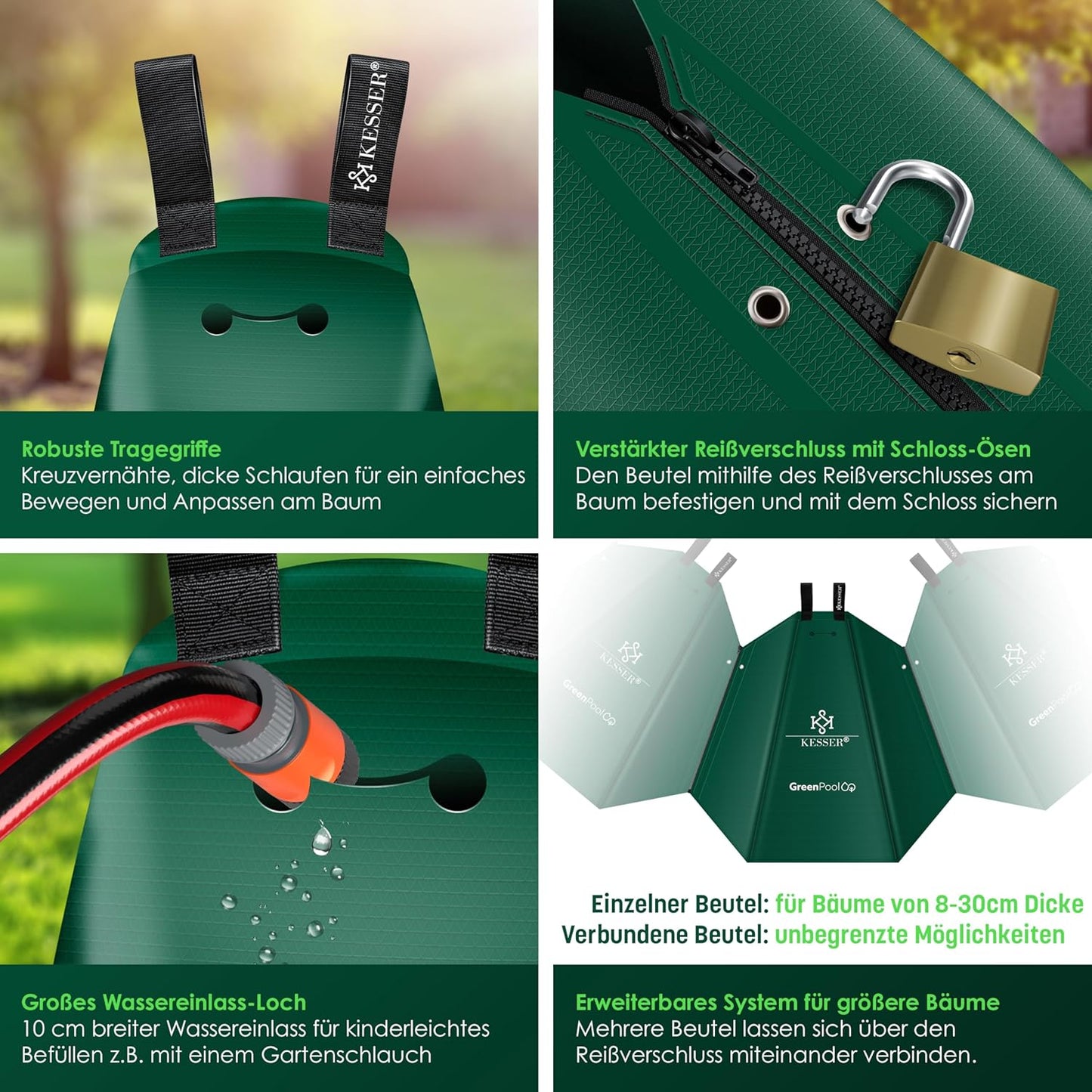 Baumbewässerungssack Set mit Diebstahlschutz, 100 Liter 8er Set Grün