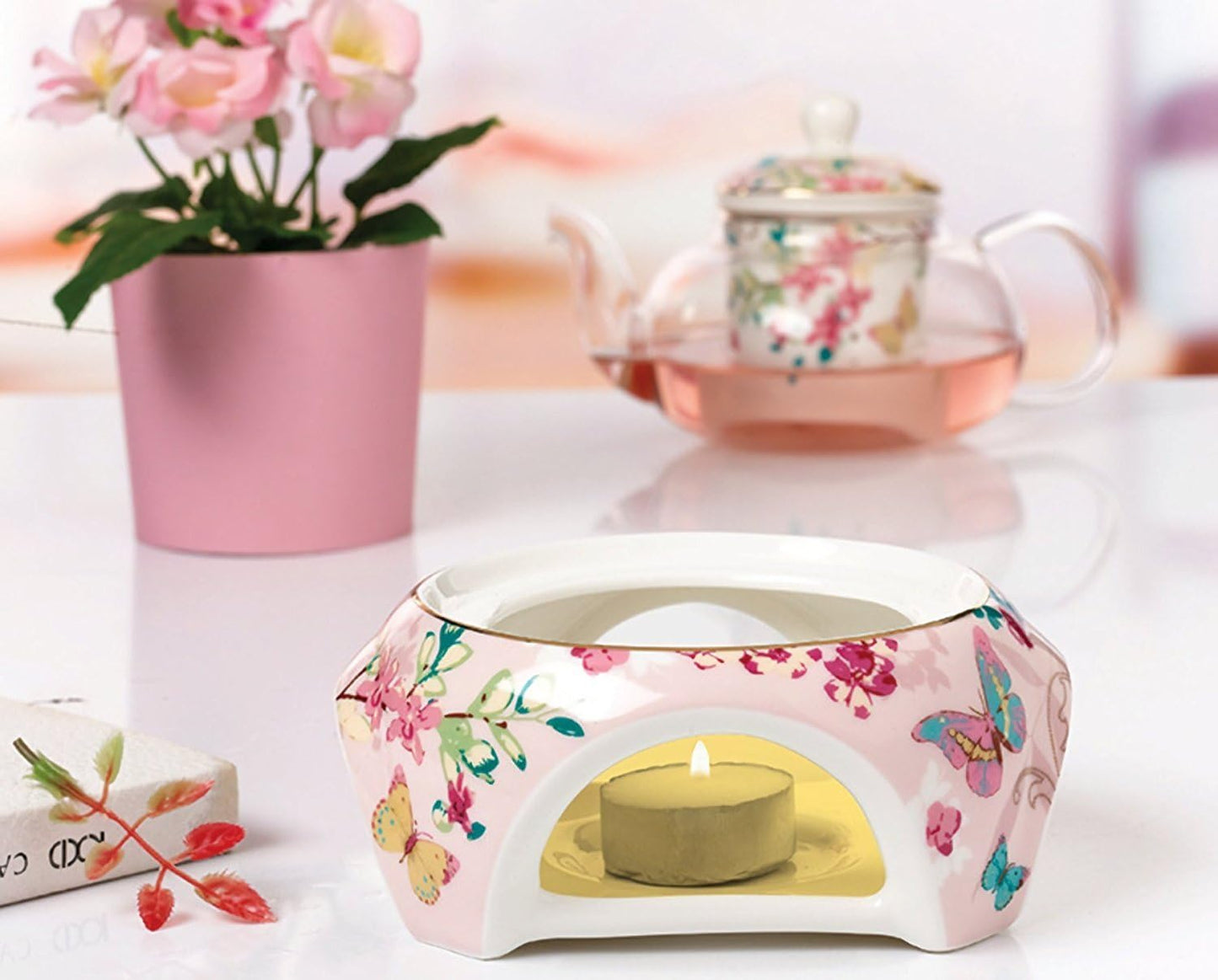 Teekanne mit Stövchen und Teesieb, Rosa