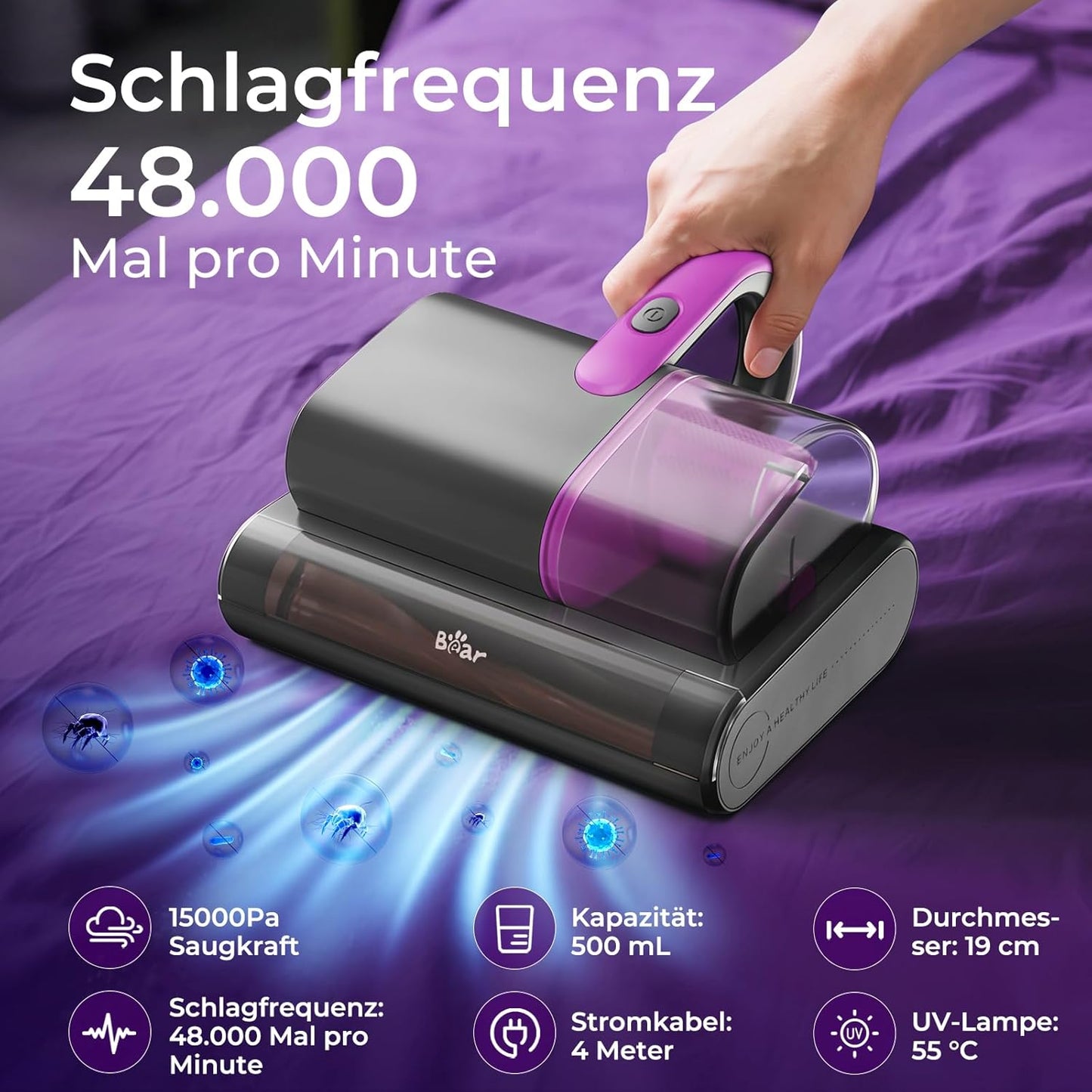 Milbensauger mit UV-C Licht und 15kpa Saugkraft