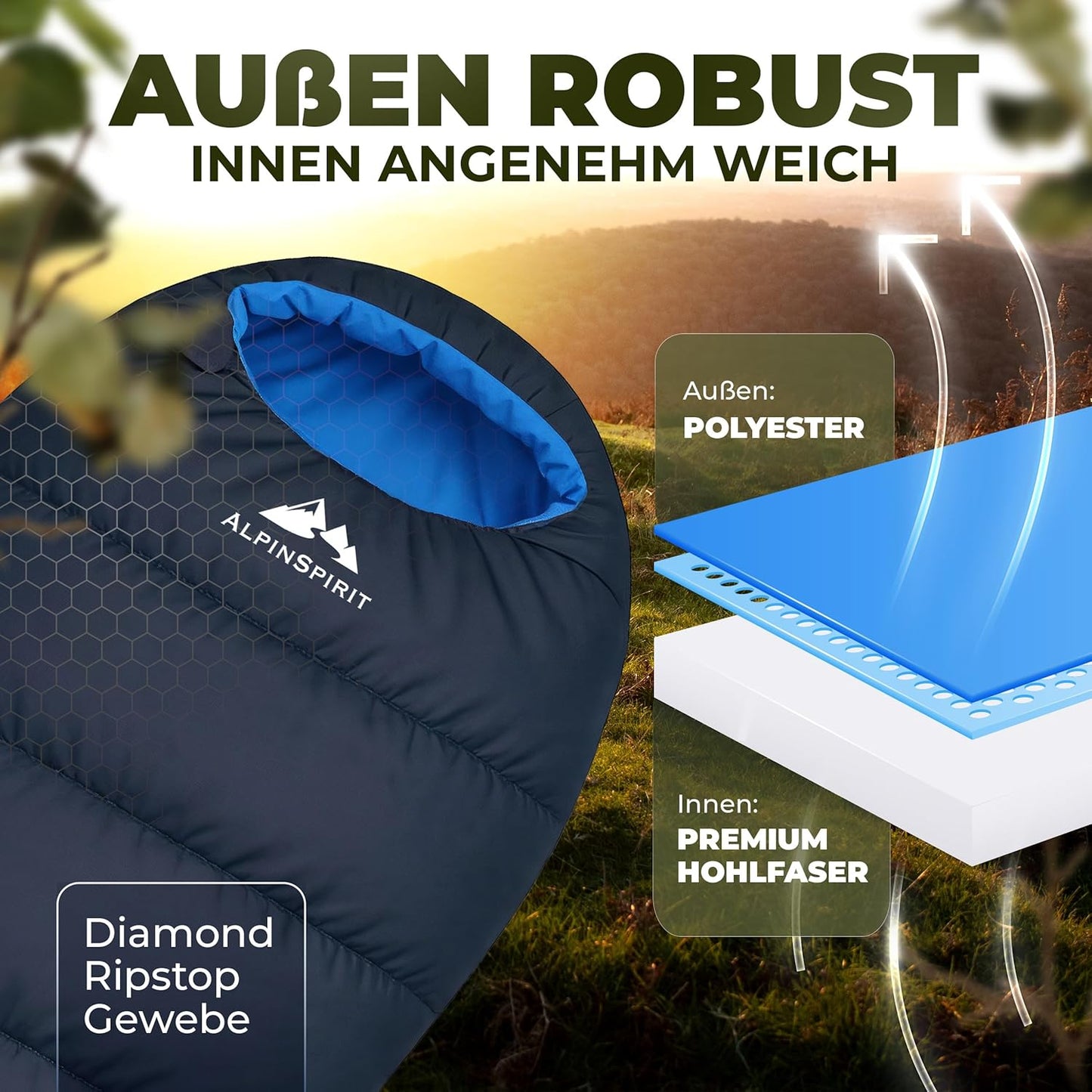 Ultraleicht Mumienschlafsack für 3 Jahreszeiten, Blau