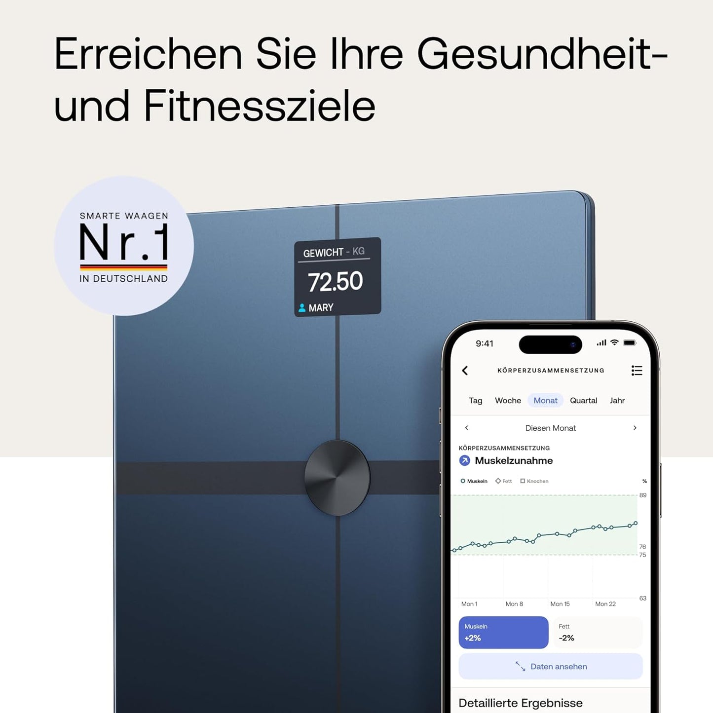 Intelligente Personenwaage mit Körperanalyse, Schwarz/Grau
