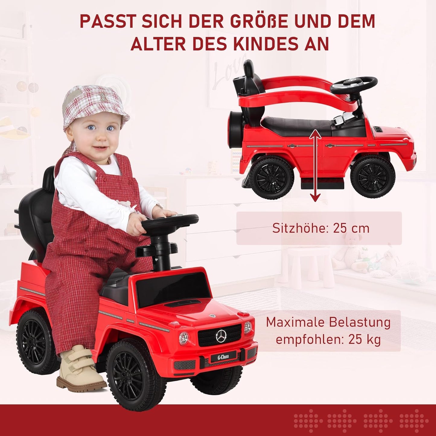Rutschauto mit Schiebstange, Rot