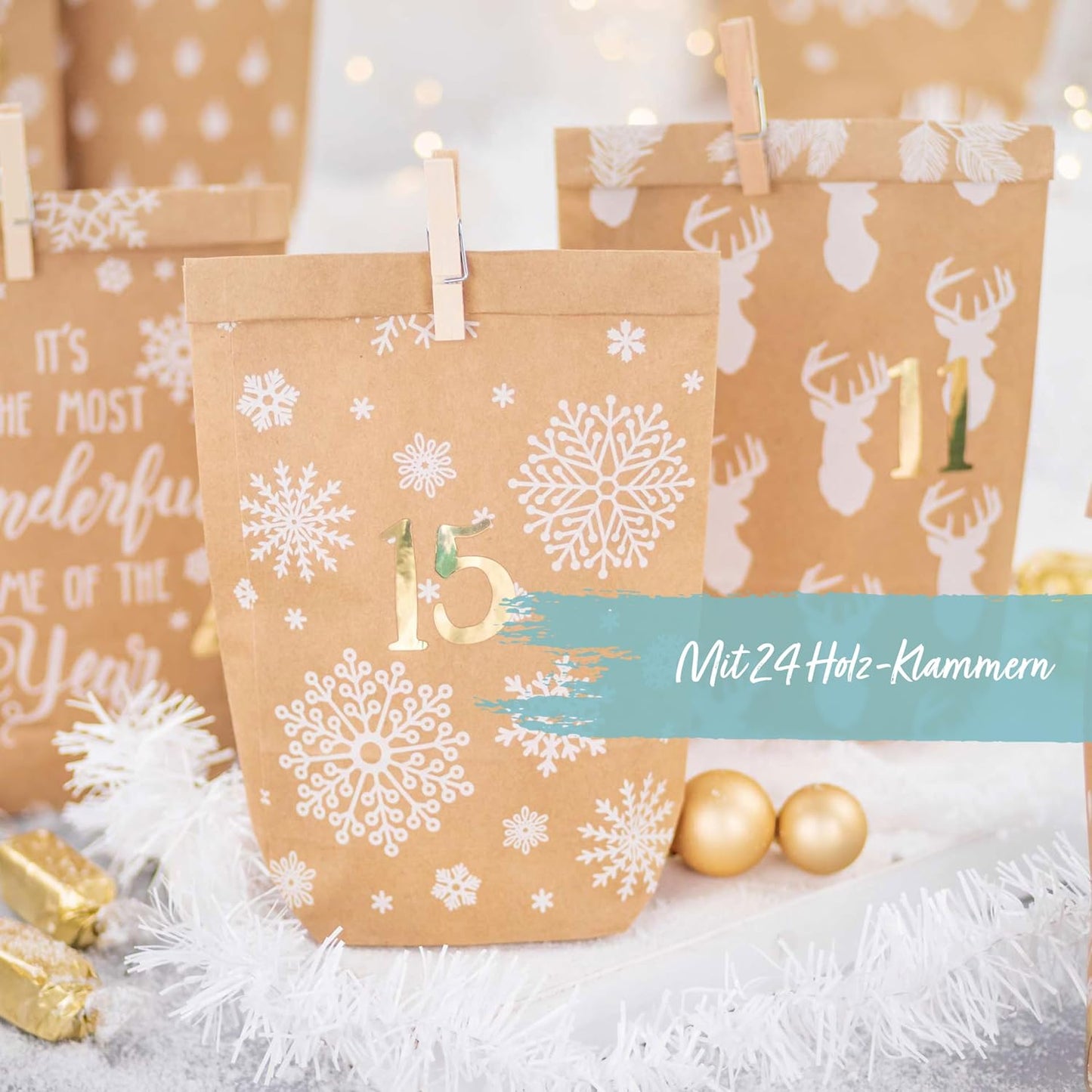 Adventskalender DIY-Papierbeutel, Packpapier-weiss