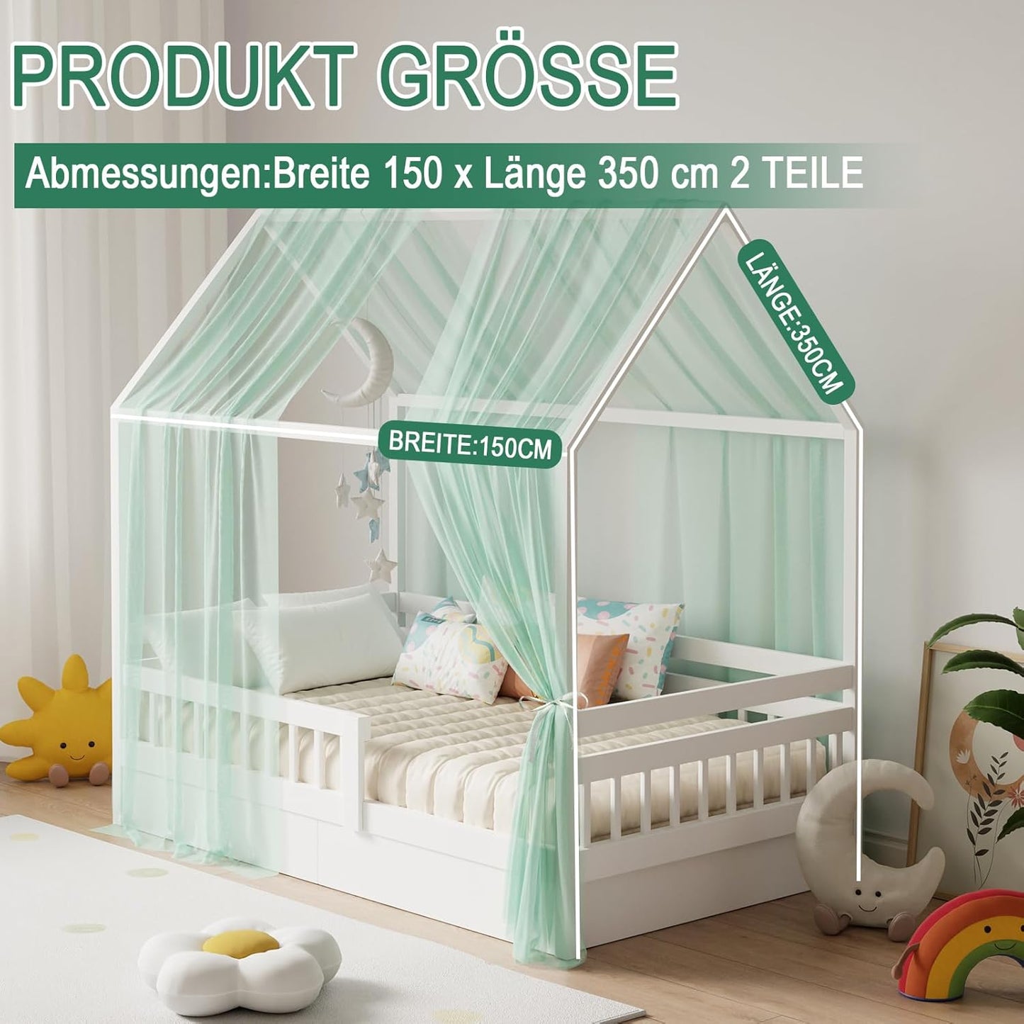 2-teiliges Betthimmel-Set für Hausbetten, H350 x B150 cm (2er Pack) Grün