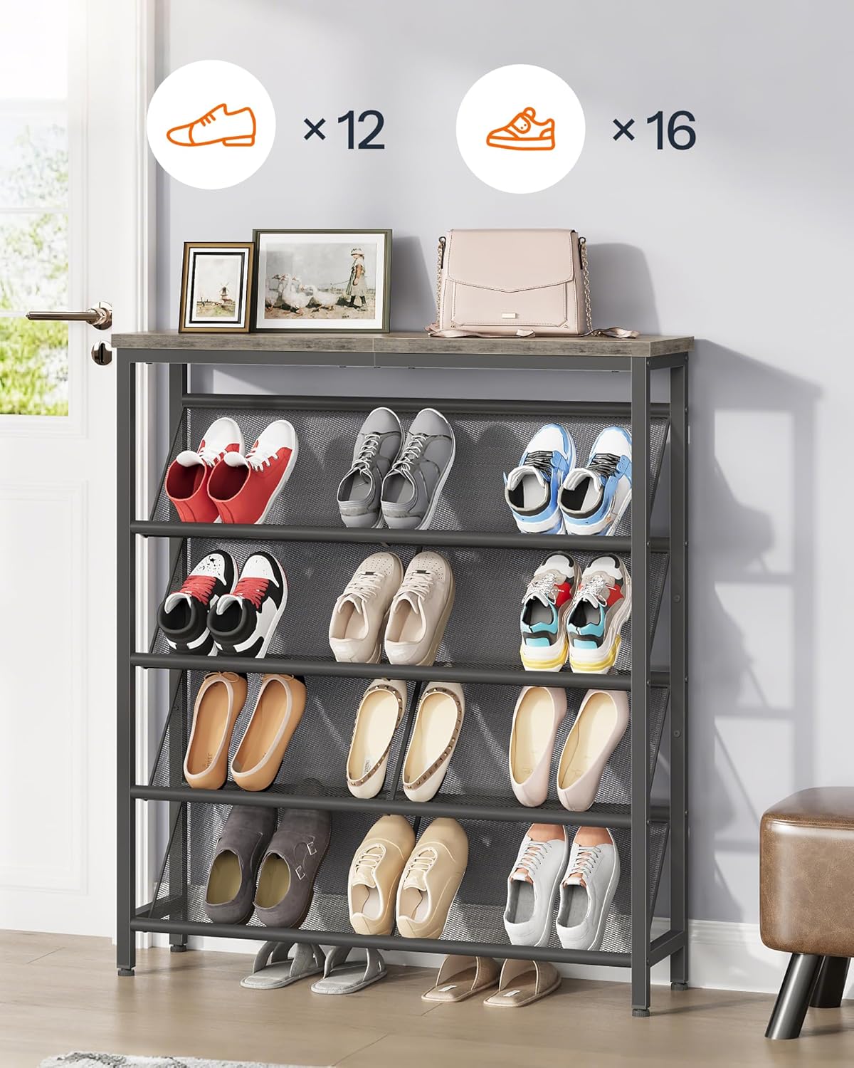 5-stufiges Schuhregal, Greige, Schwarz 75 x 20 x 105 cm