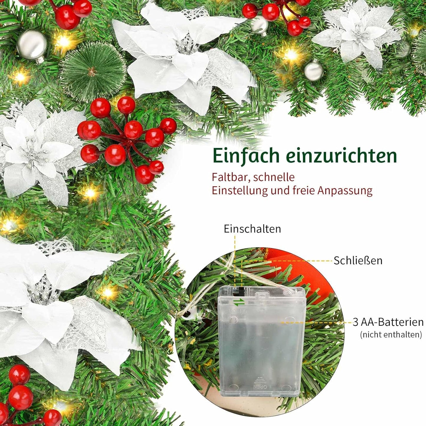 Weihnachtsgirlande mit Blumen und Beeren, Silber