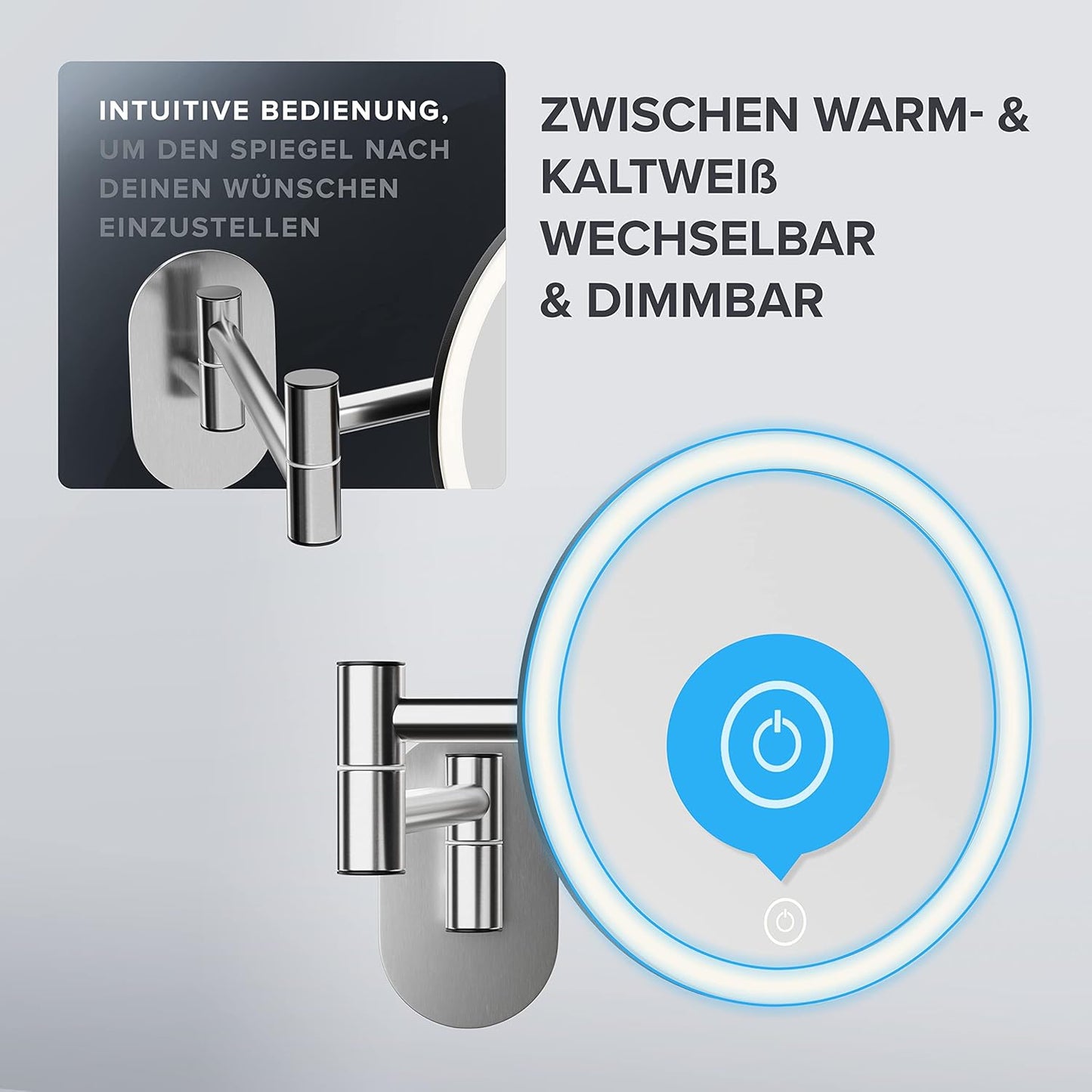 Kosmetikspiegel mit Beleuchtung, 5x Vergrösserung, Wandmontage, Silber - Ohne Bohren Zum Kleben