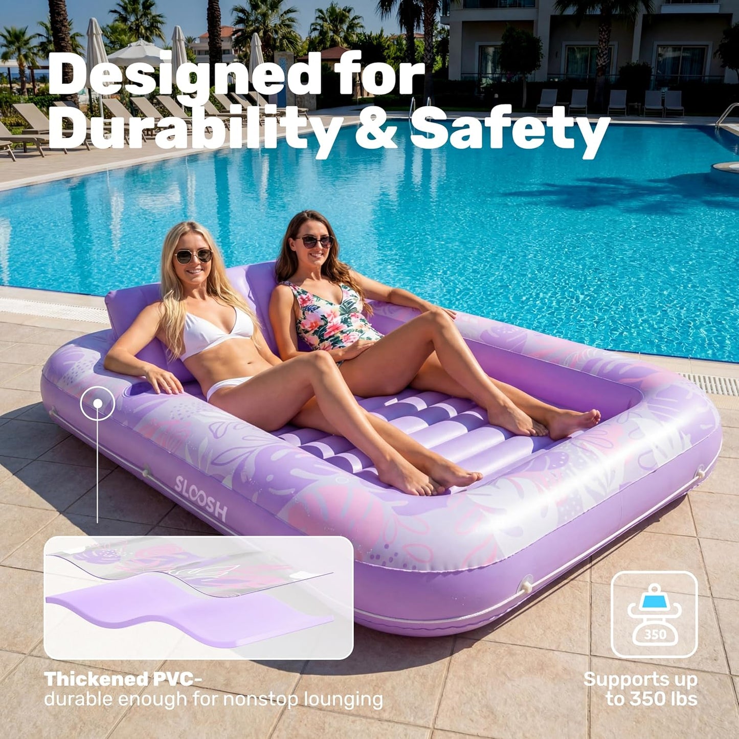 Aufblasbarer 4-in-1 Sonnenliegepool mit Kissen und Getränkehalter, Lila Tropen XL