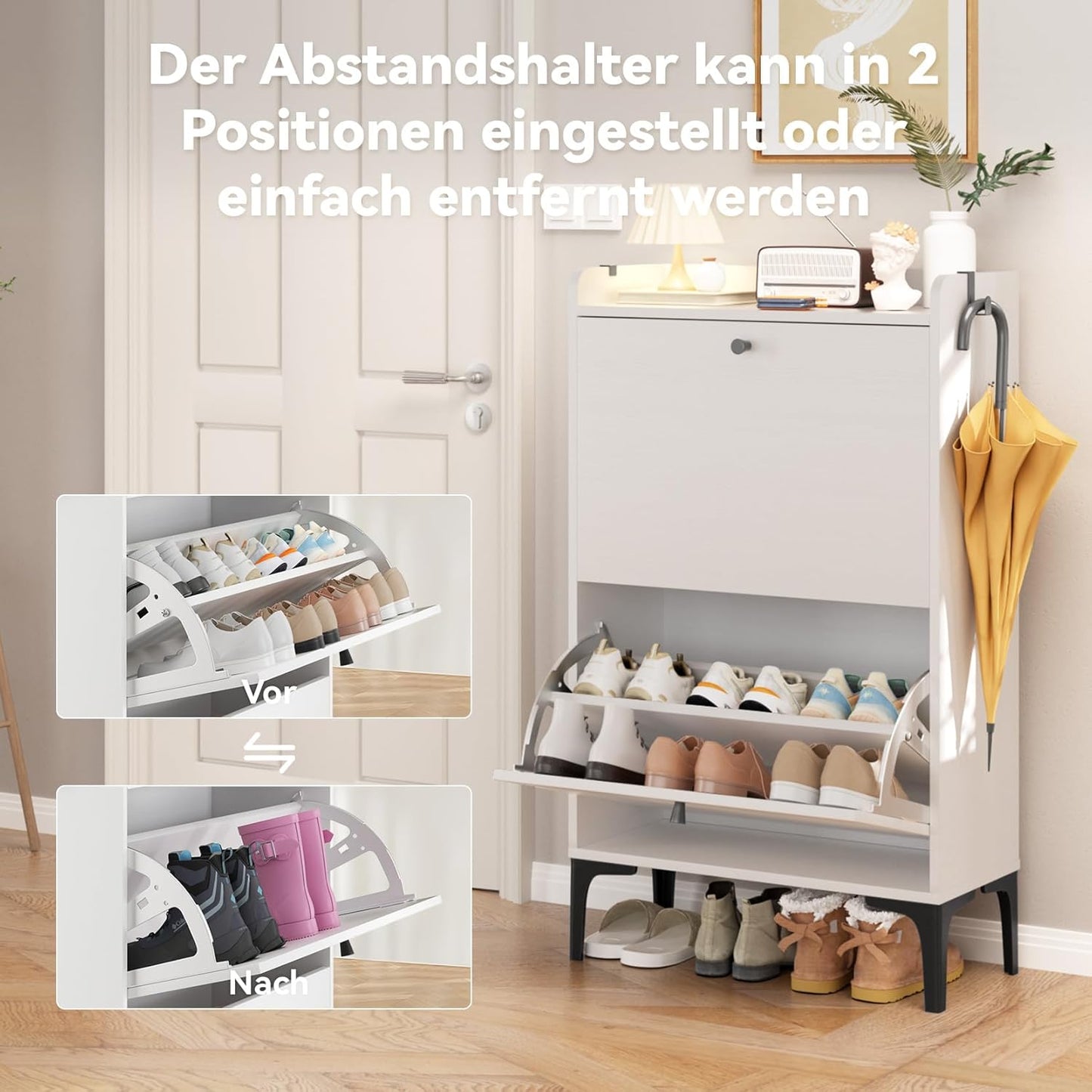 Schuhschrank mit 2 Flip-Schubladen, 60cm Weiß