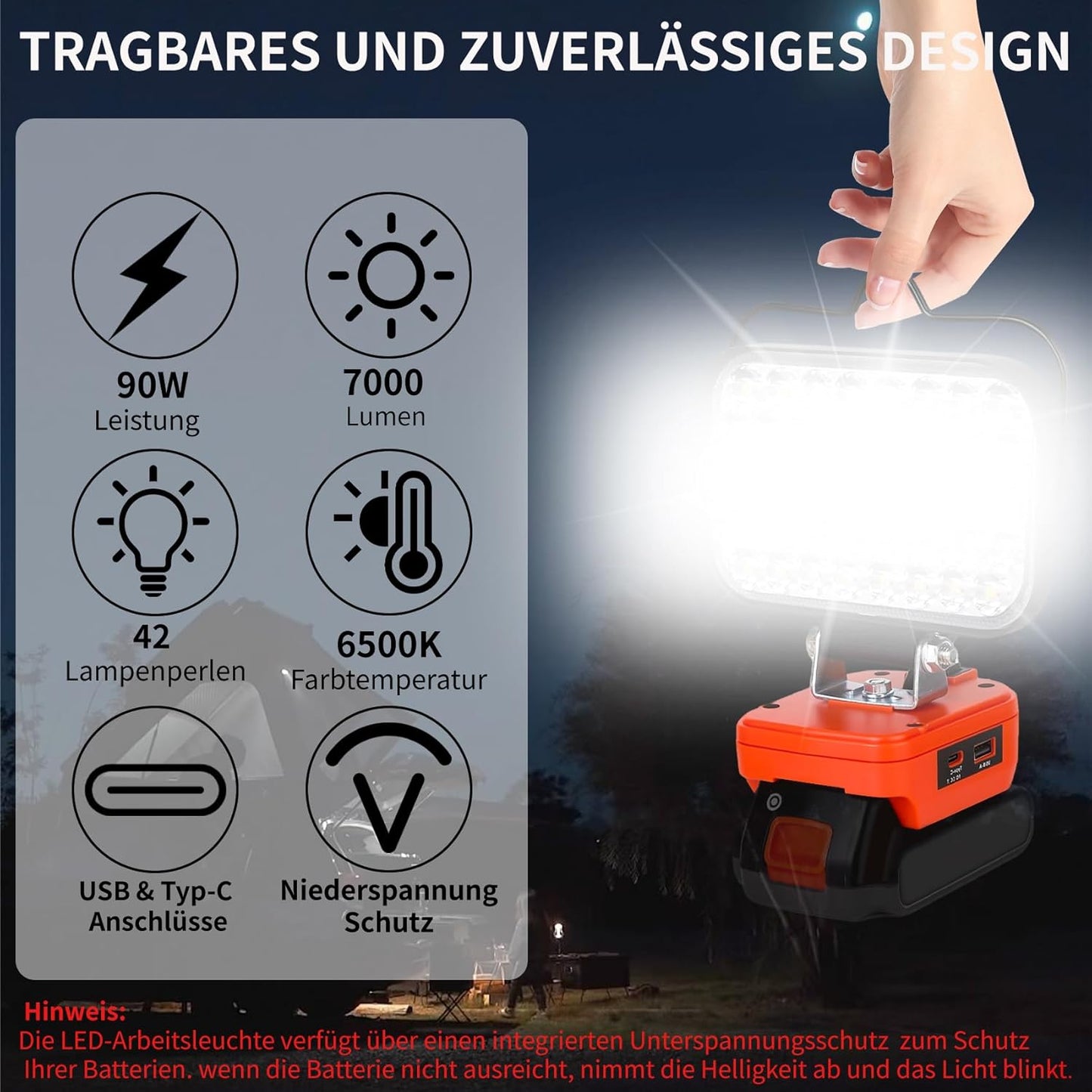 Kabellose LED Arbeitsleuchte ohne Akku, Rot-für Black+decker Akku 20v