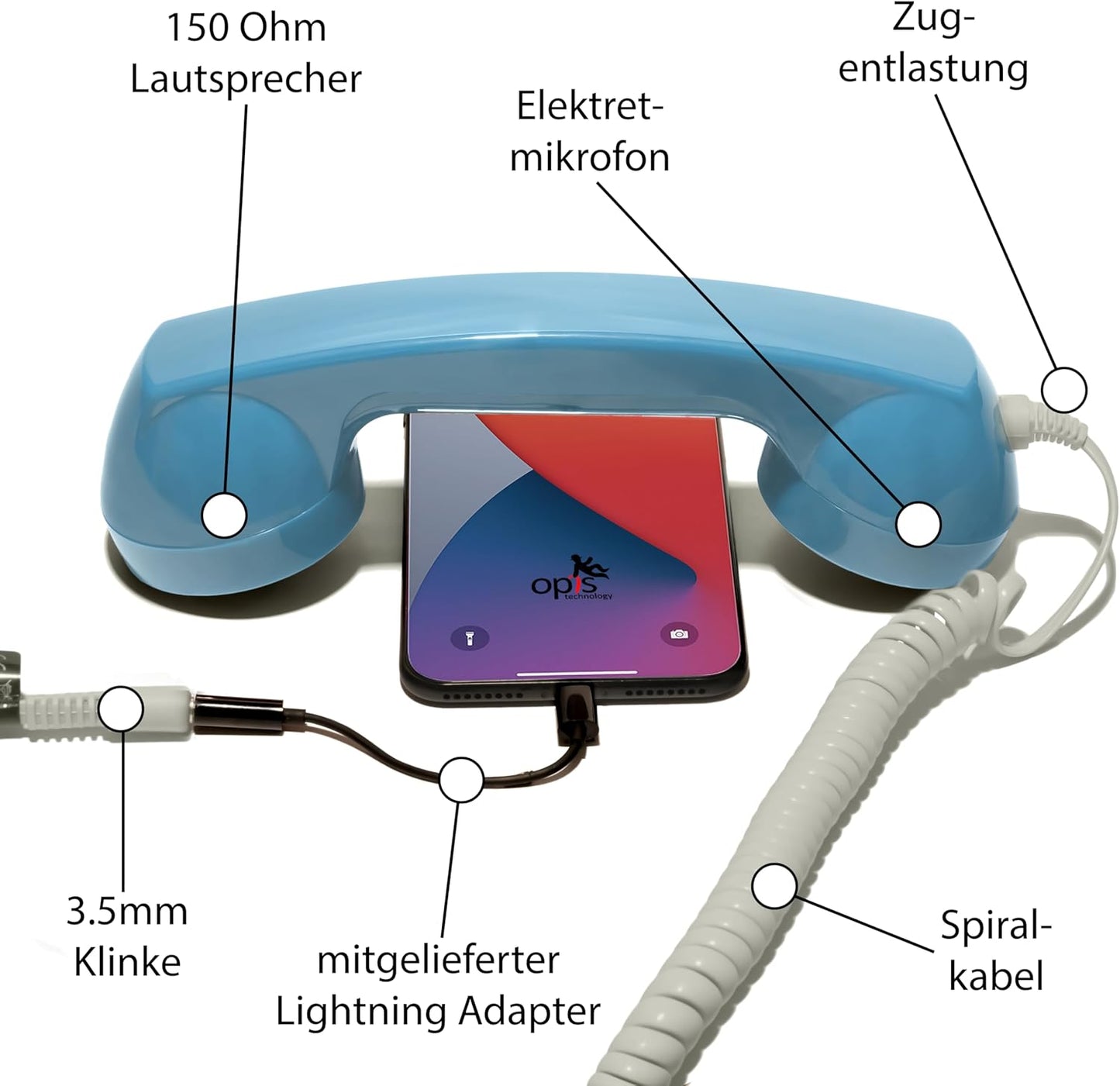 Retro Telefonhörer für iPhone mit Lightning-Anschluss, für iPhone mit Lightning Azur