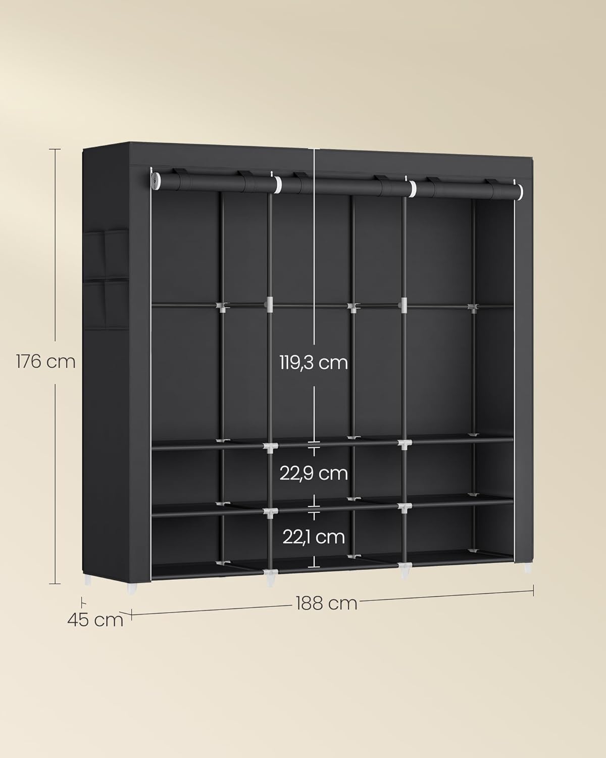Stoffschrank mit Hängefächern, 188B cm Schwarz