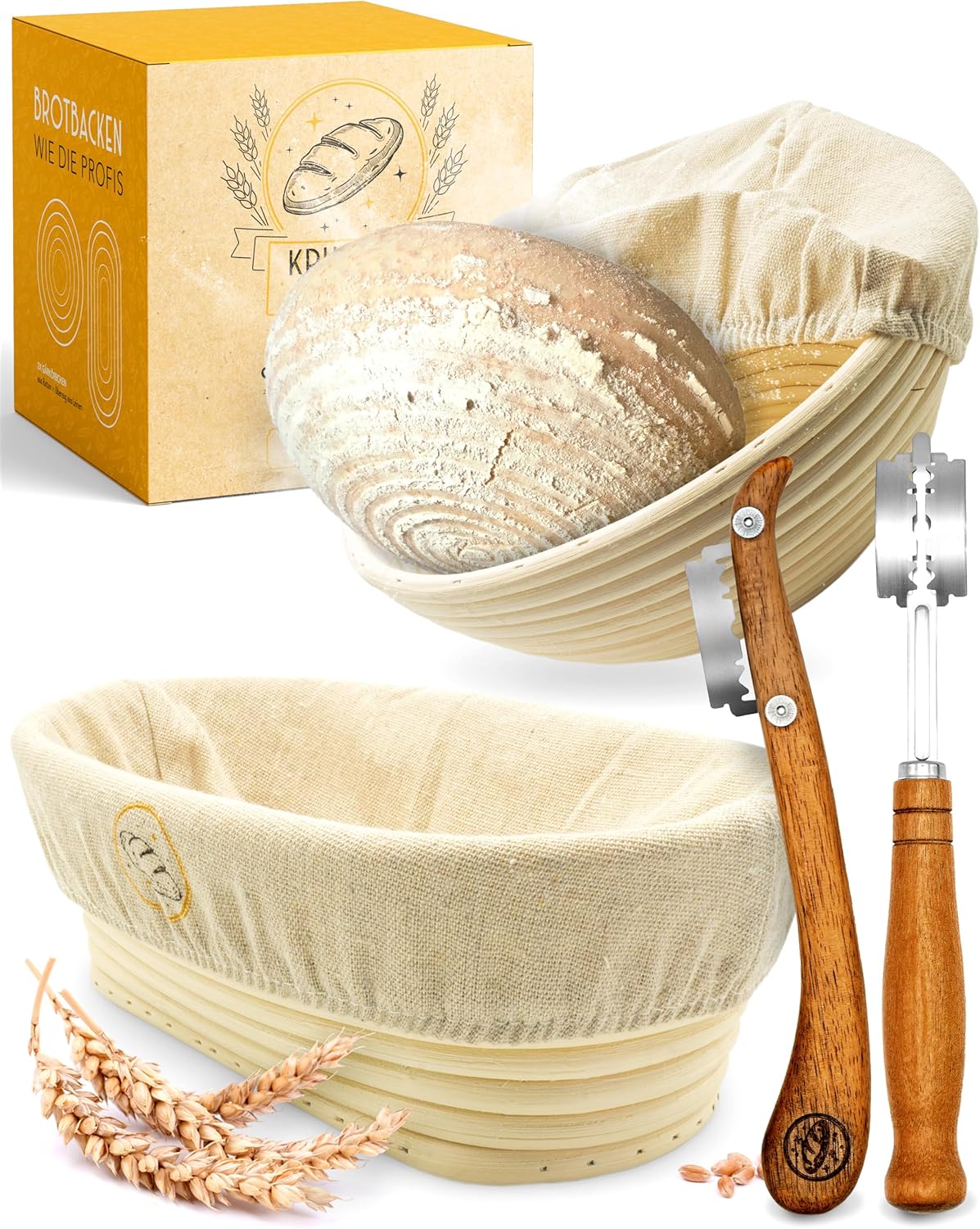 Gärkörbchen Set für Brotbacken, Bäckermesser + Gärkorb-Set 23+25cm