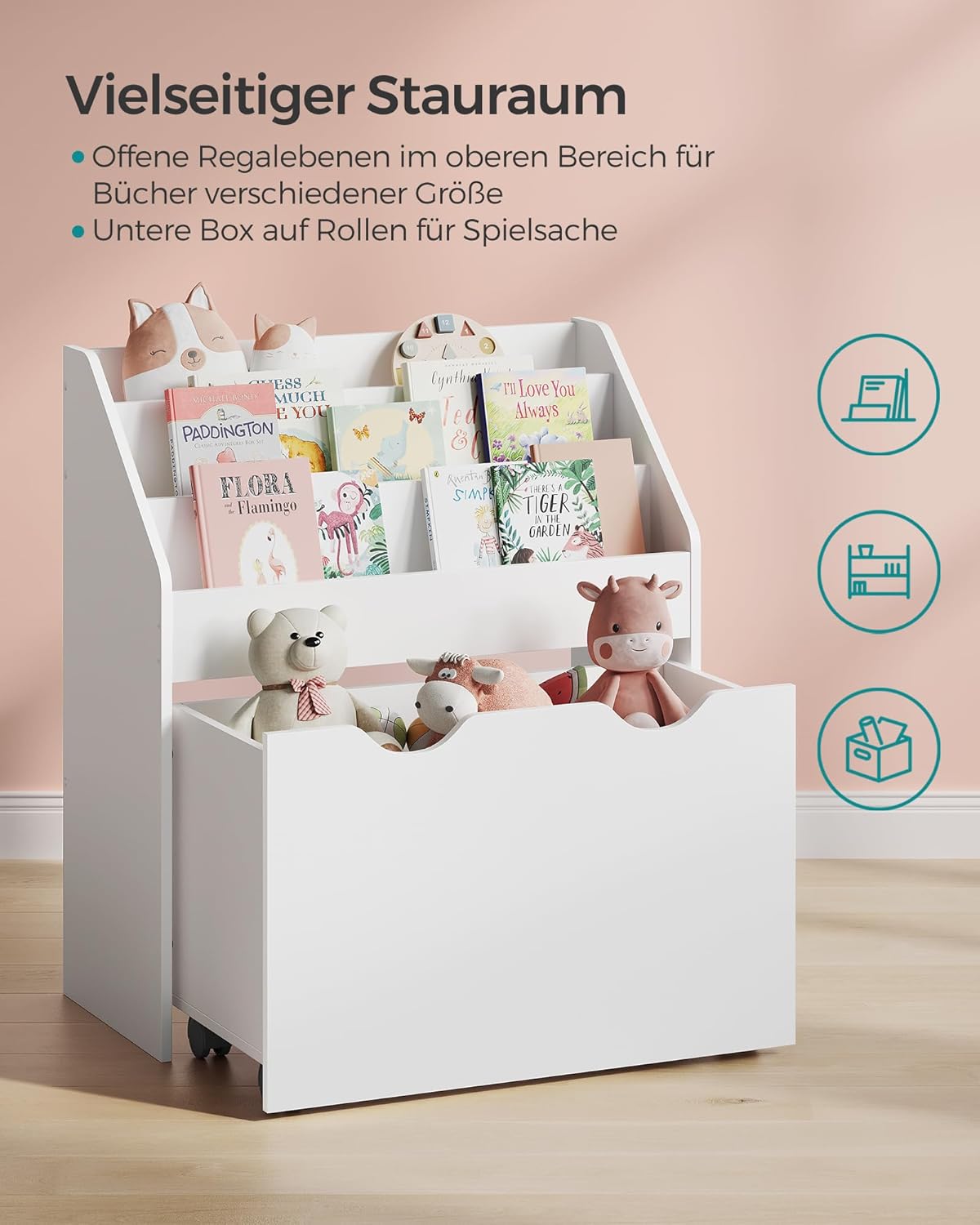 Kinder-Bücherregal mit Aufbewahrungsboxen auf Rollen, Weiss