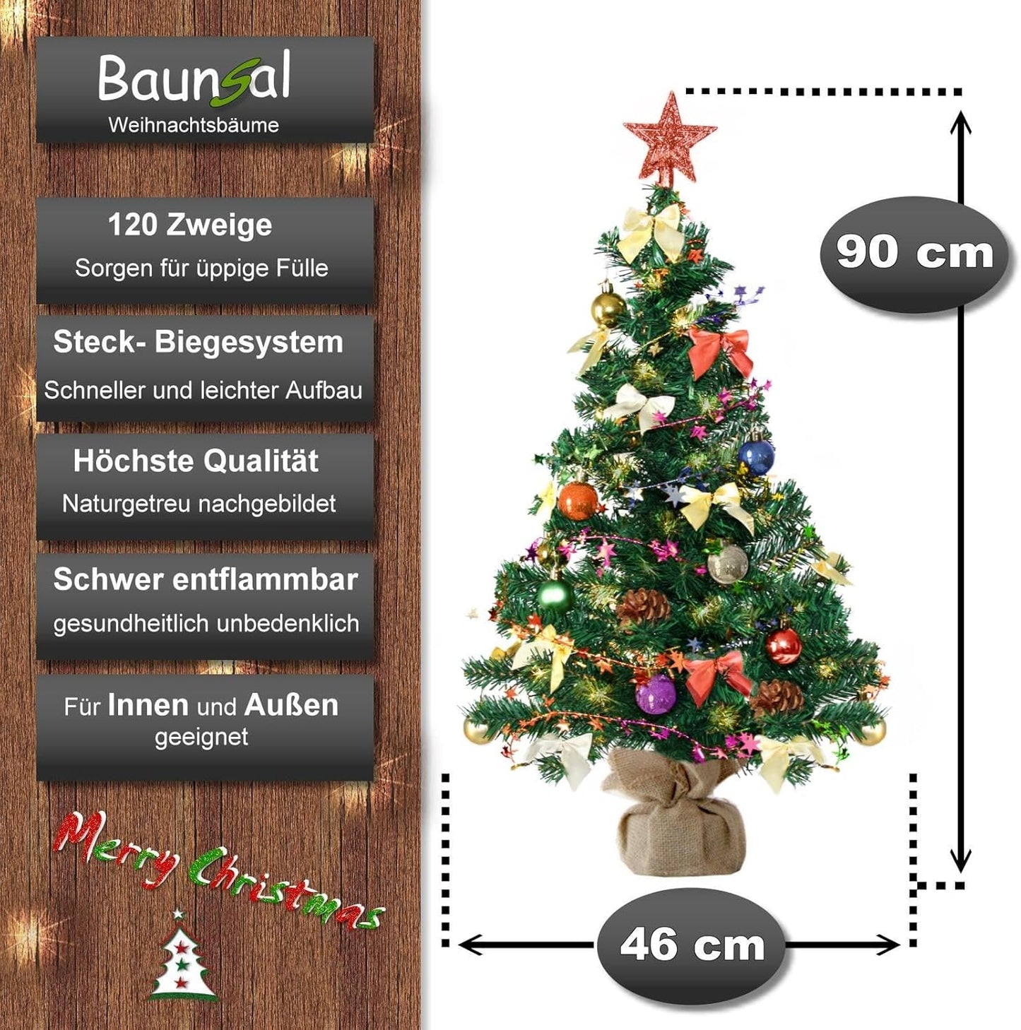 Künstlicher Weihnachtsbaum mit Deko und LED-Lichterkette, 90 cm / Grün-bunt-braun+warmweiss