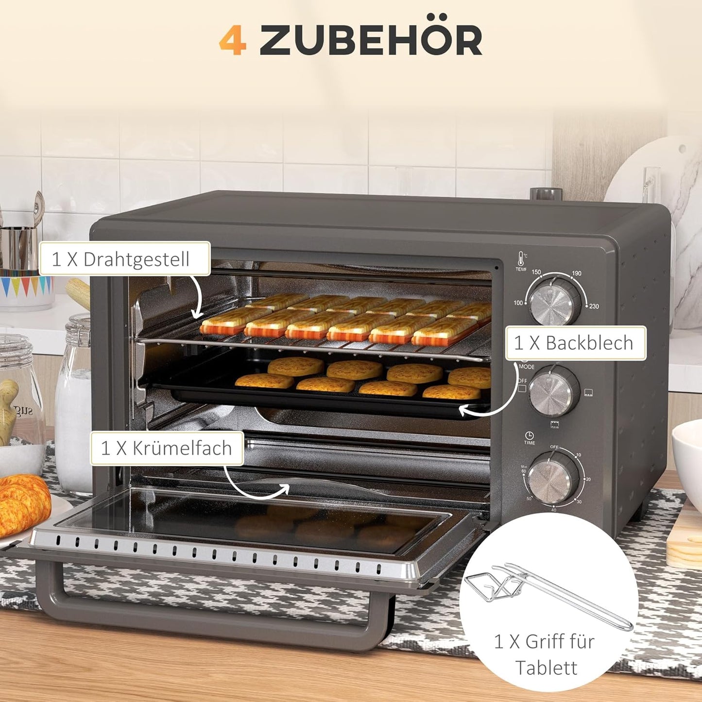 Minibackofen mit Timer und Zubehör, Grau
