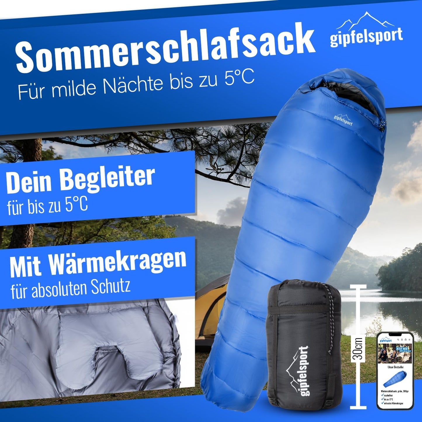 Ultraleichter Mumienschlafsack für Outdoor & Camping, 10°C blau