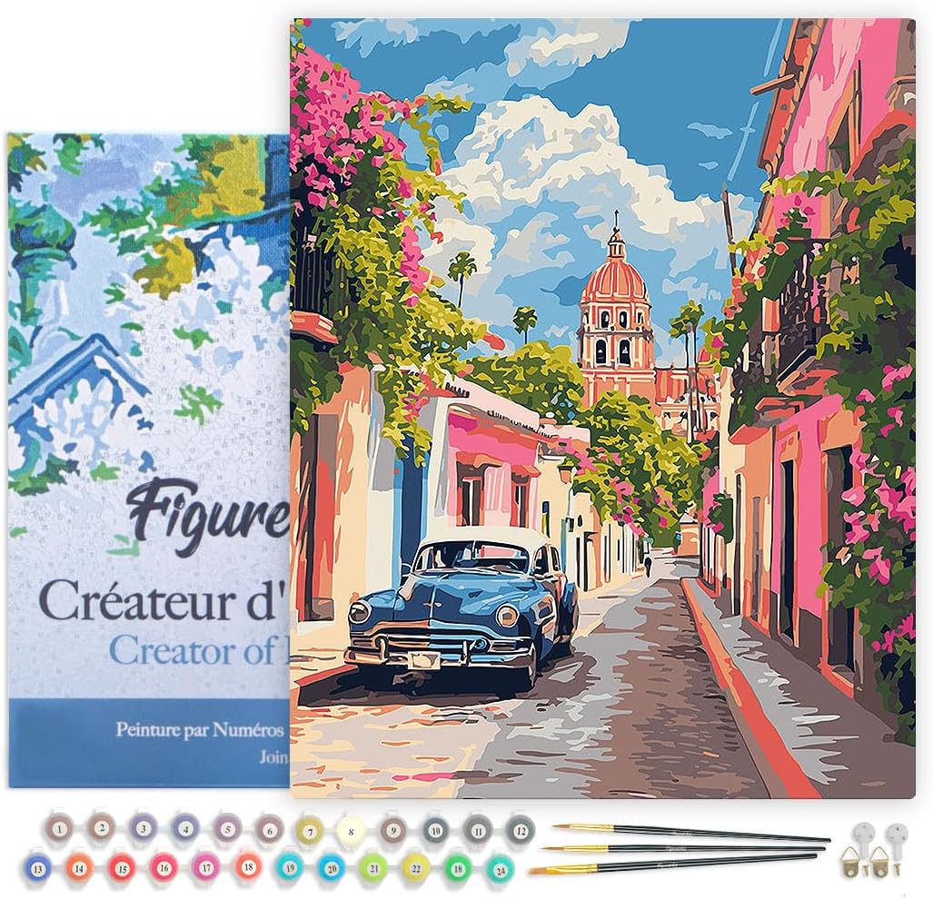 Malen nach Zahlen Set Oldtimer Mexiko City, Oldtimer Auto in Mexiko City 40x50cm Mit Rahmen (bereits gespannt)
