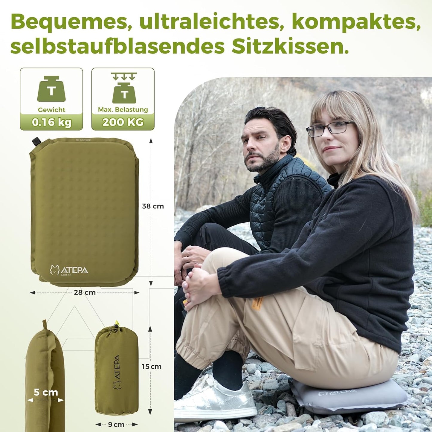 Aufblasbares Sitzkissen, Oliv 1er Pack 38 x 28 x 5 cm