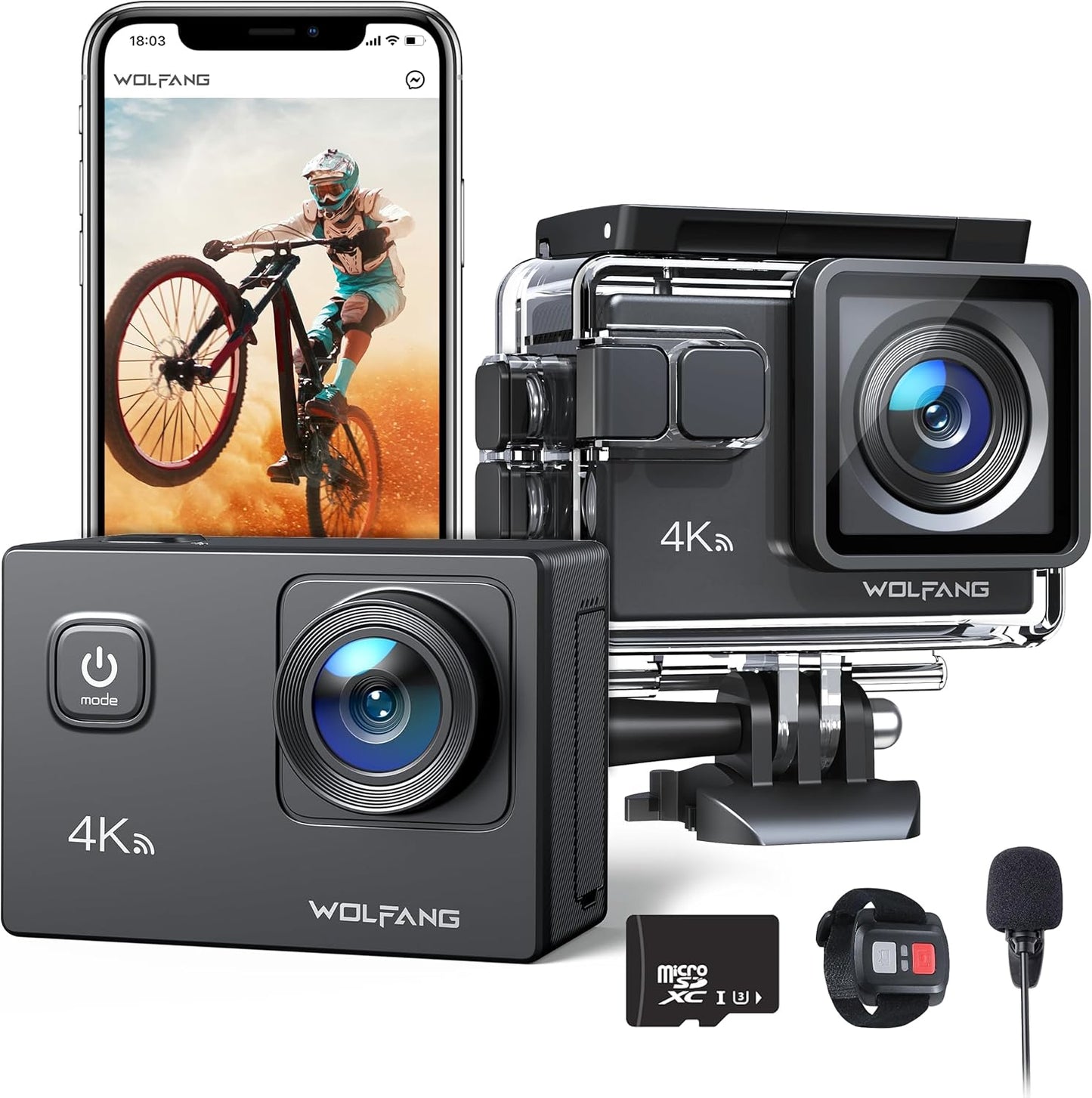 Action Cam 4K30FPS Unterwasserkamera mit Zubehör, Bundle with SD card