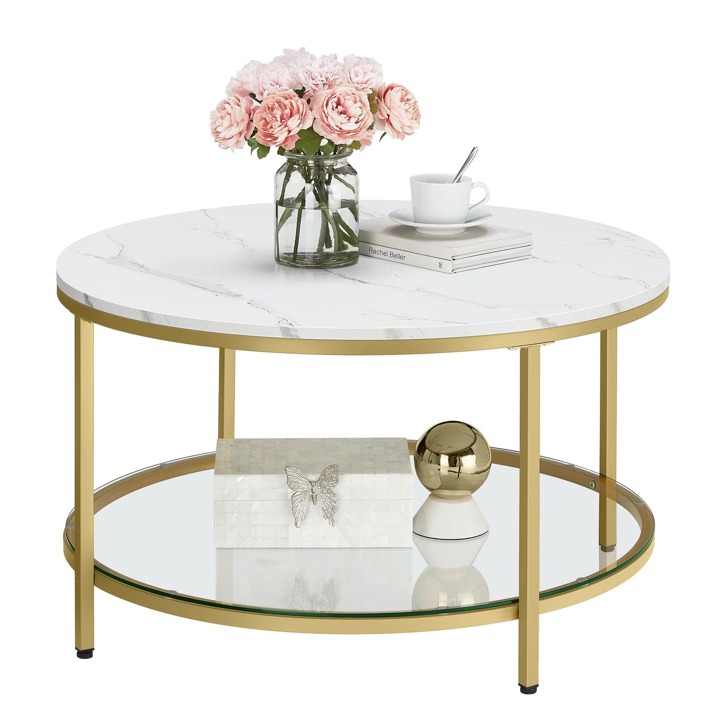 Moderner Couchtisch mit Glasplatte und Stauraum, Marmorweiss + Helles Gold 80d cm