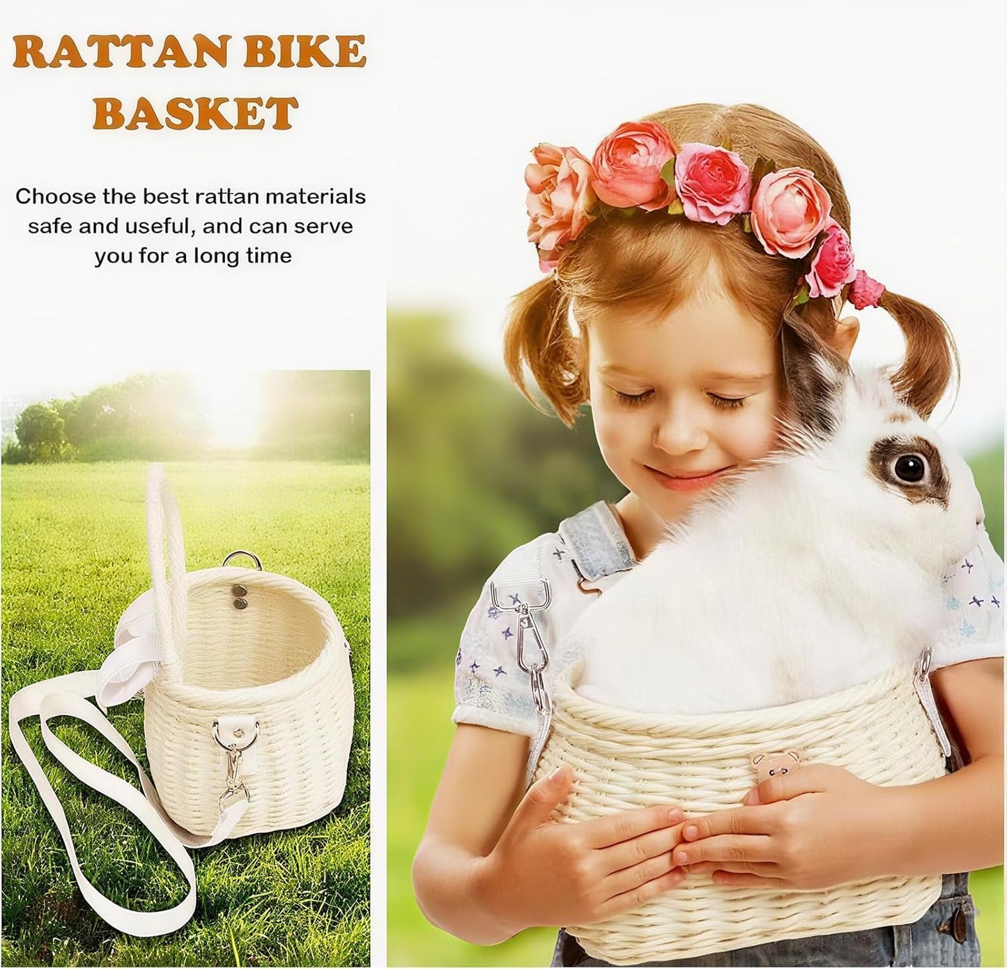 Abnehmbarer Kinderfahrradkorb, Rattan-Design, Beige