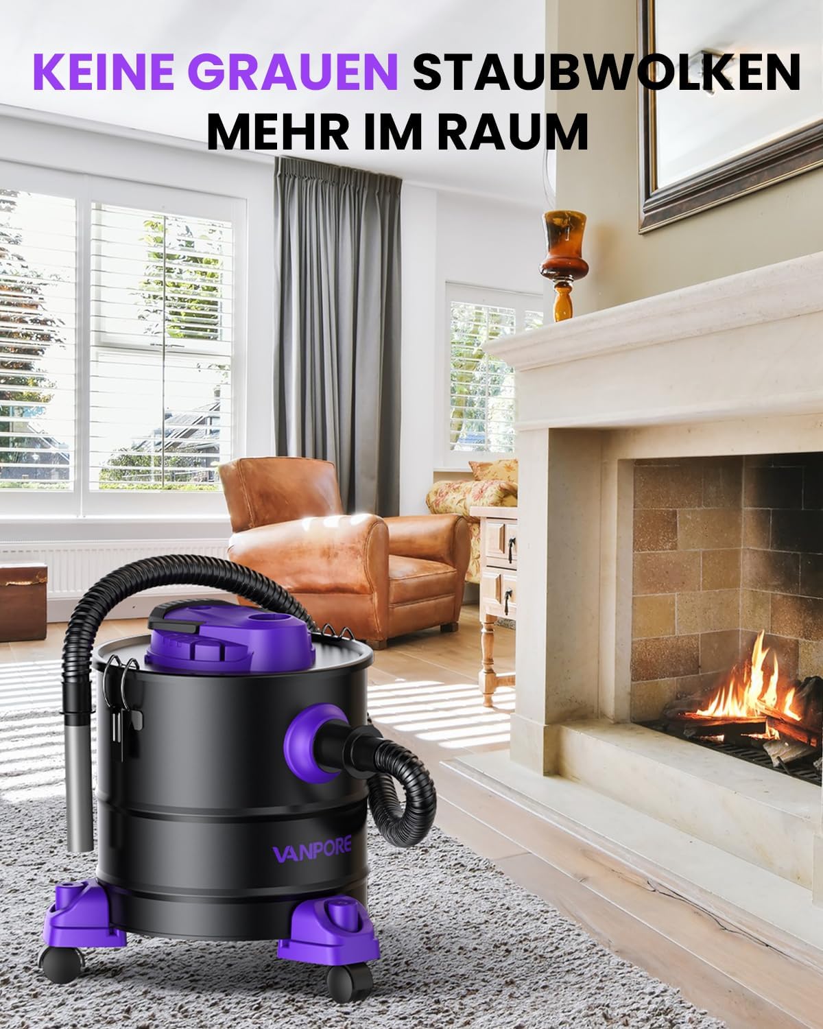 Aschesauger für Kamin, 20L, 1200W mit Rollfuss, Purple