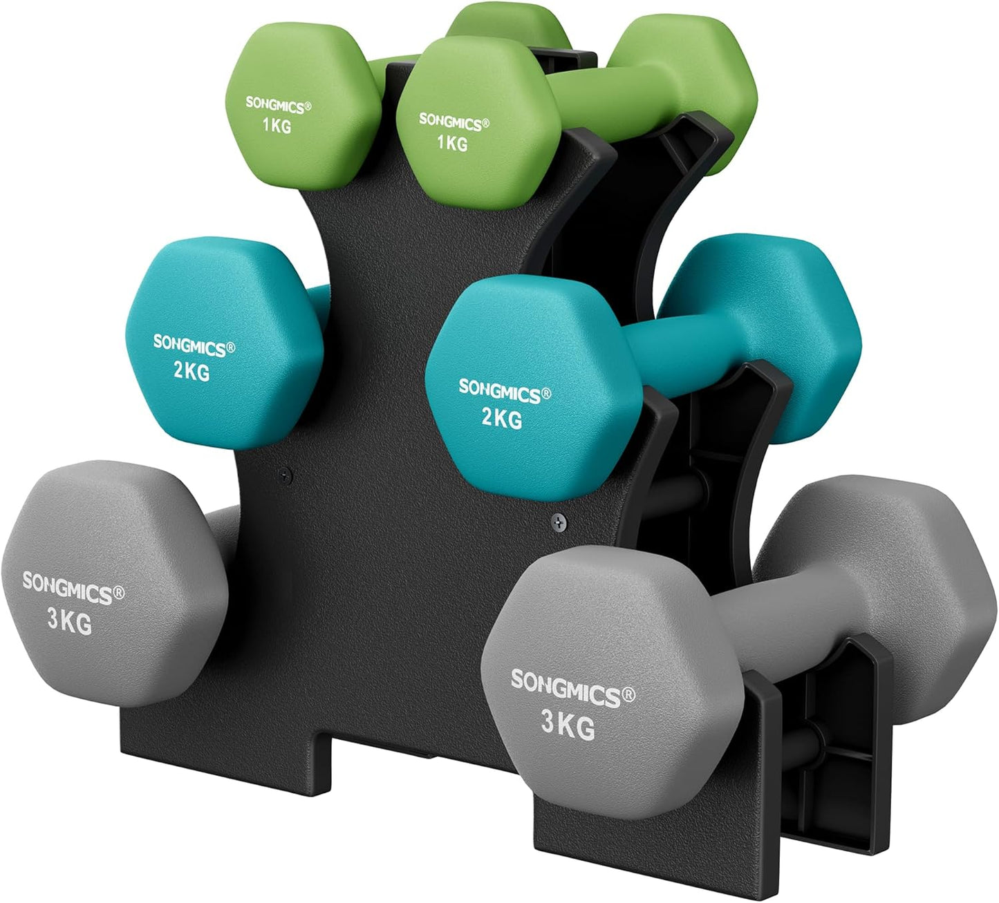 Hantel-Set mit Neopren-Beschichtung, 12kg,limettengrün + aquamarin + hellgrau