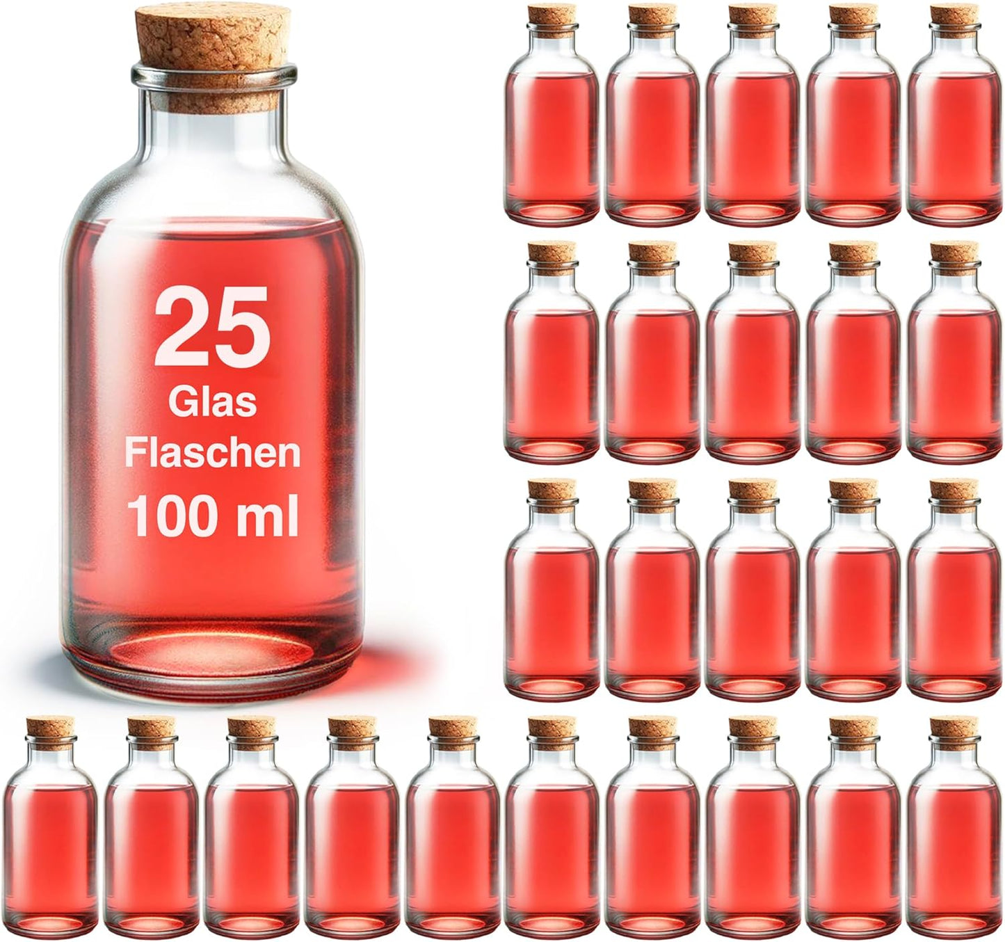 25 x Mini Glasflaschen mit Korken, 100 ml / 25 St