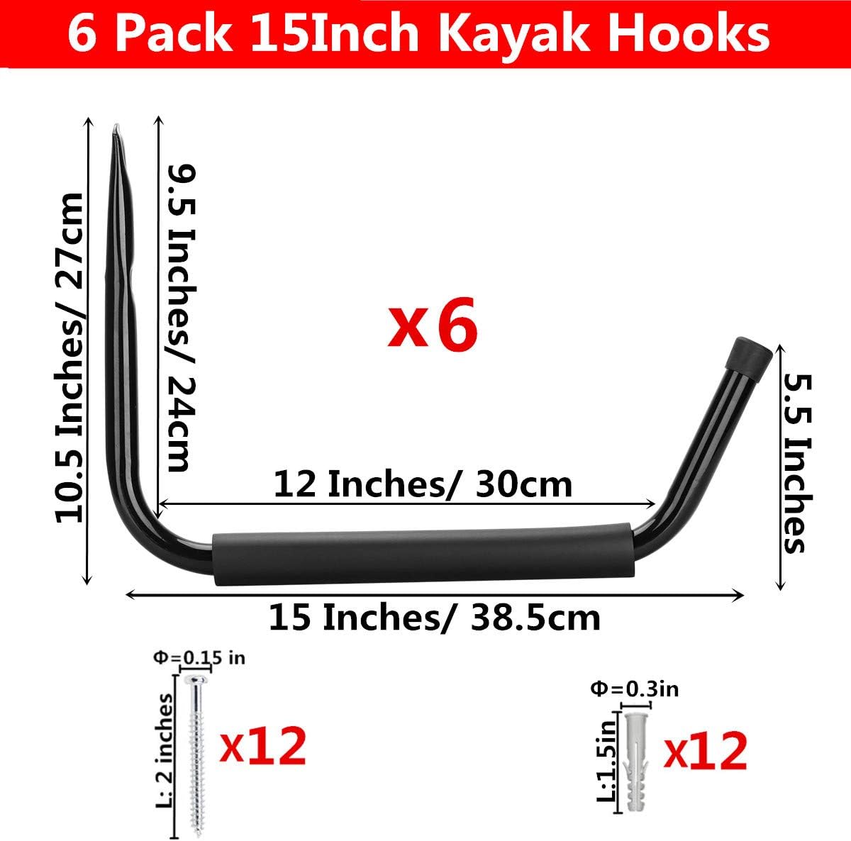 6er Set Hochleistungshaken Set für Garagenlagerung, Black 27cm x 38.5cm