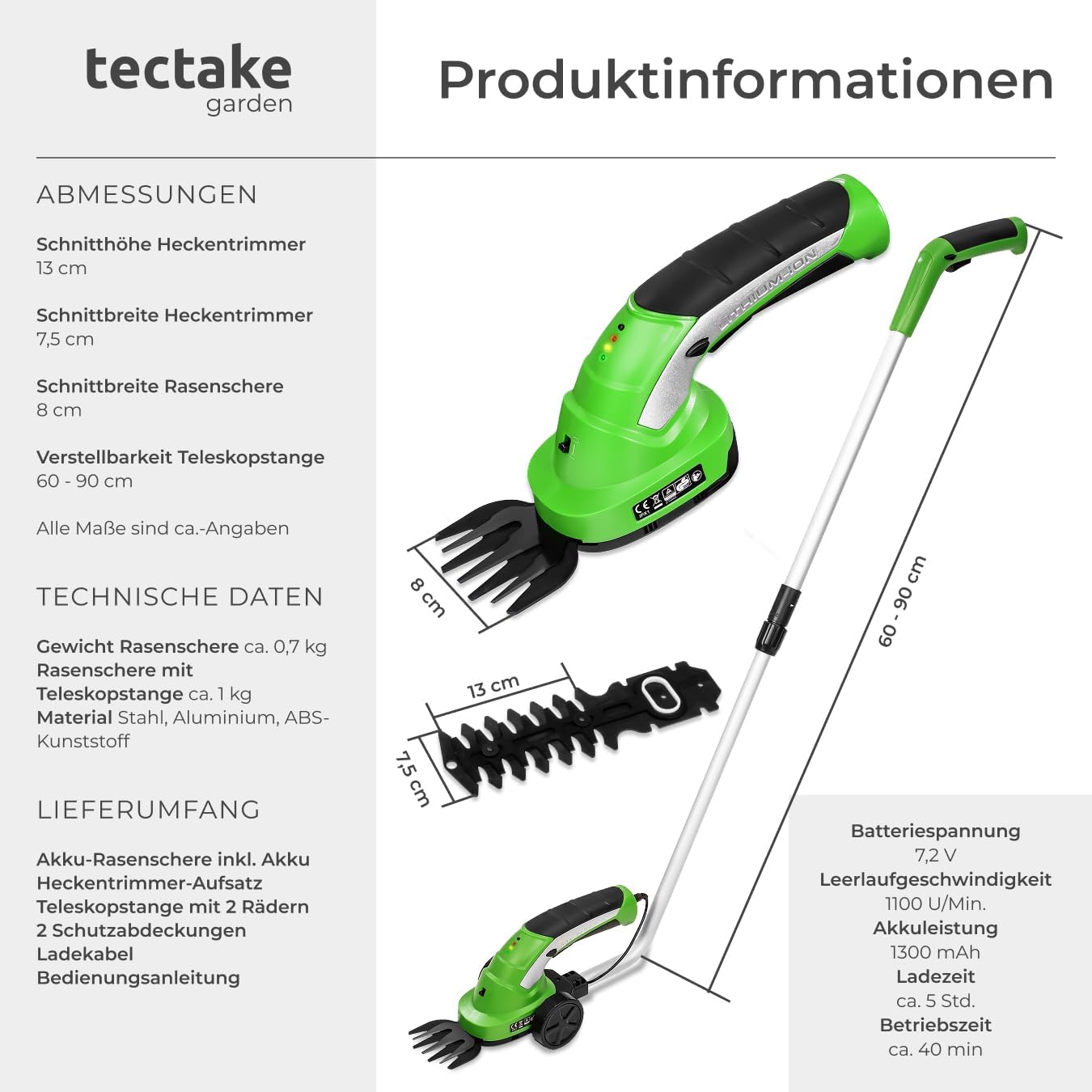 Akku-Heckenschere mit Grasschere und Teleskopstange