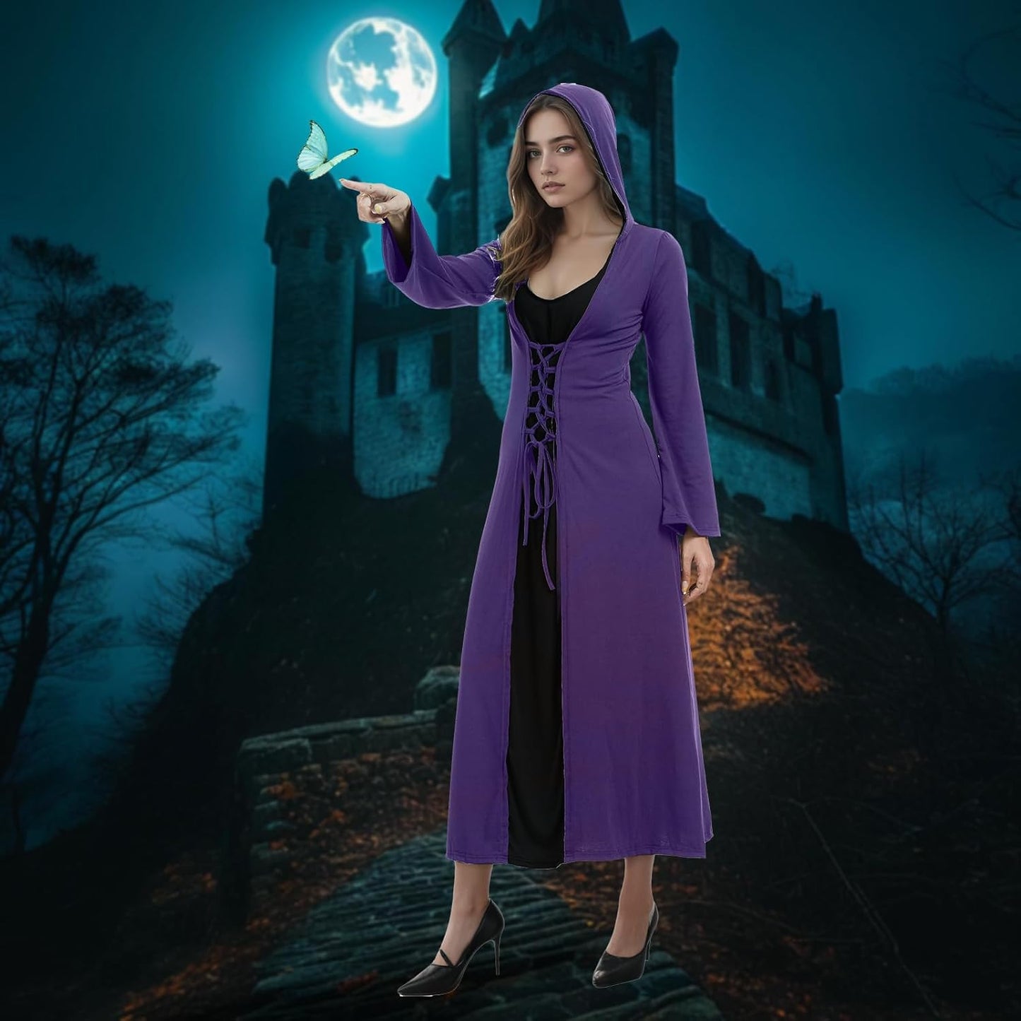 Mittelalterliches Halloween Kostüm mit Kapuze für Frauen, S Lila und Schwarz