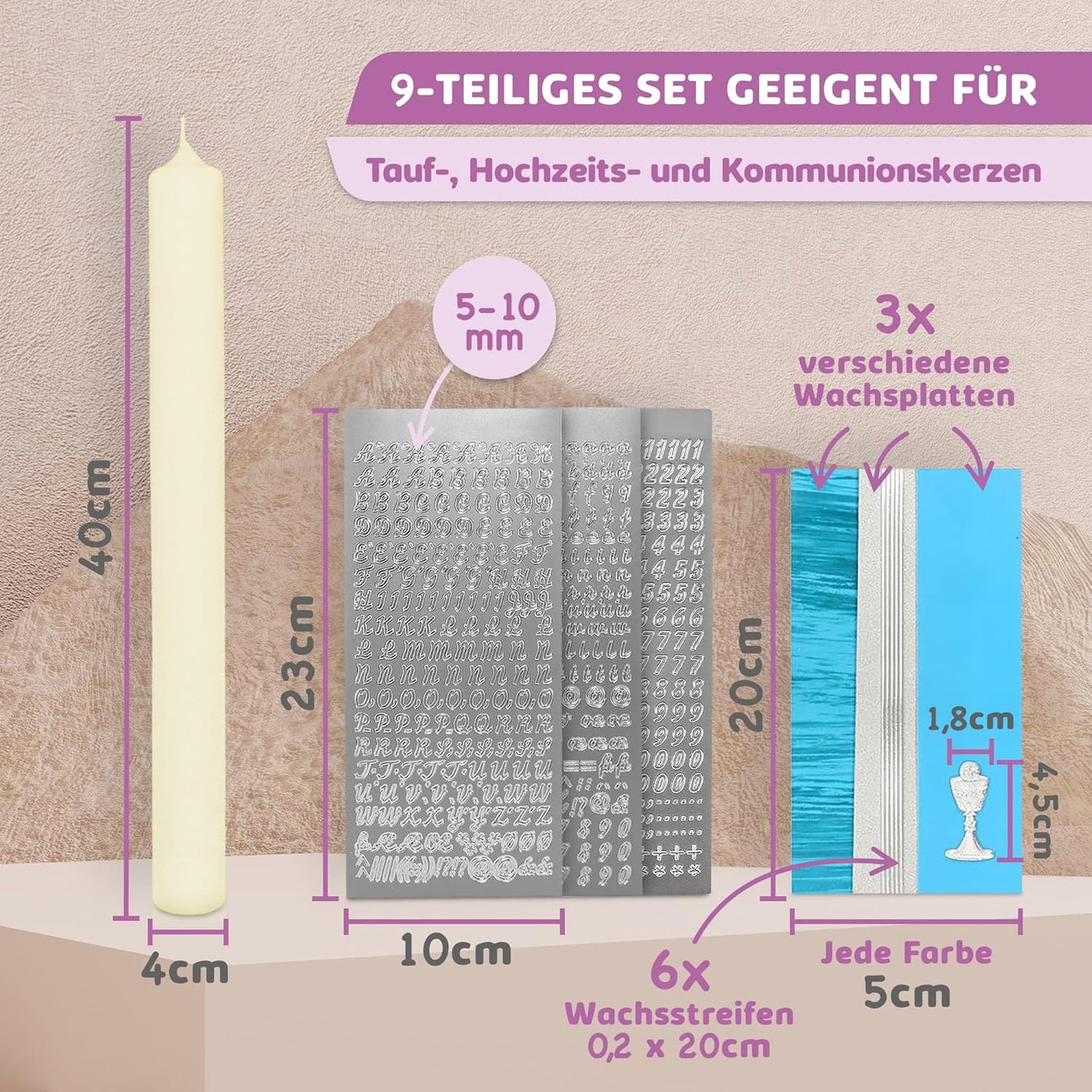 Kerzen-Rohling Set zur individuellen Gestaltung, Türkis mit Kelch Kerze 40x4 cm | Creme