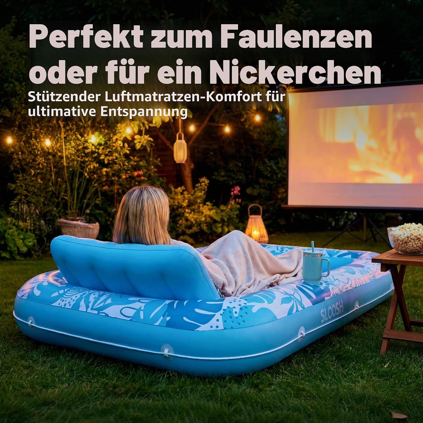 Aufblasbarer 4-in-1 Sonnenliegepool mit Kissen und Getränkehalter, Blau L