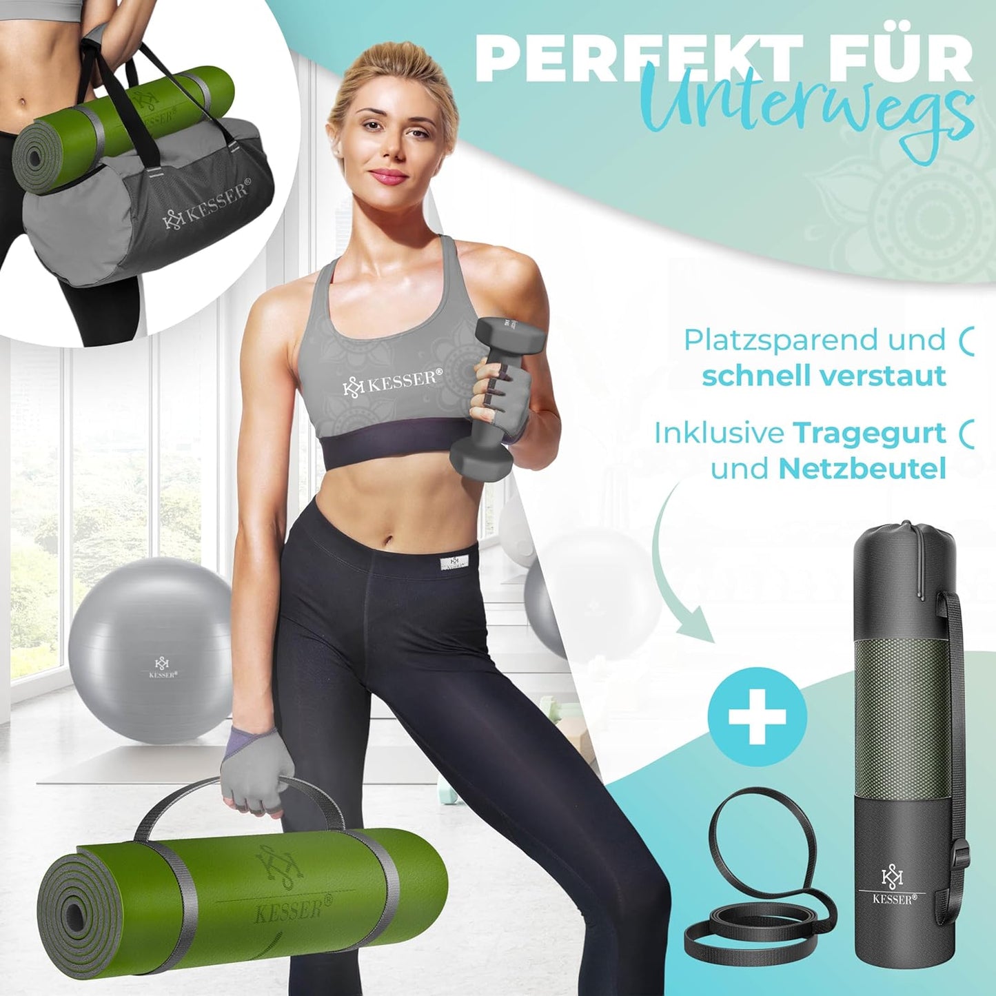 Rutschfeste Gymnastikmatte mit Tragegurt, Grün