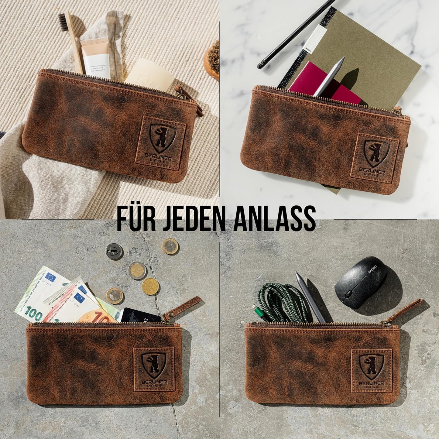 Vintage Leder-Federmäppchen mit Reissverschluss, Earth