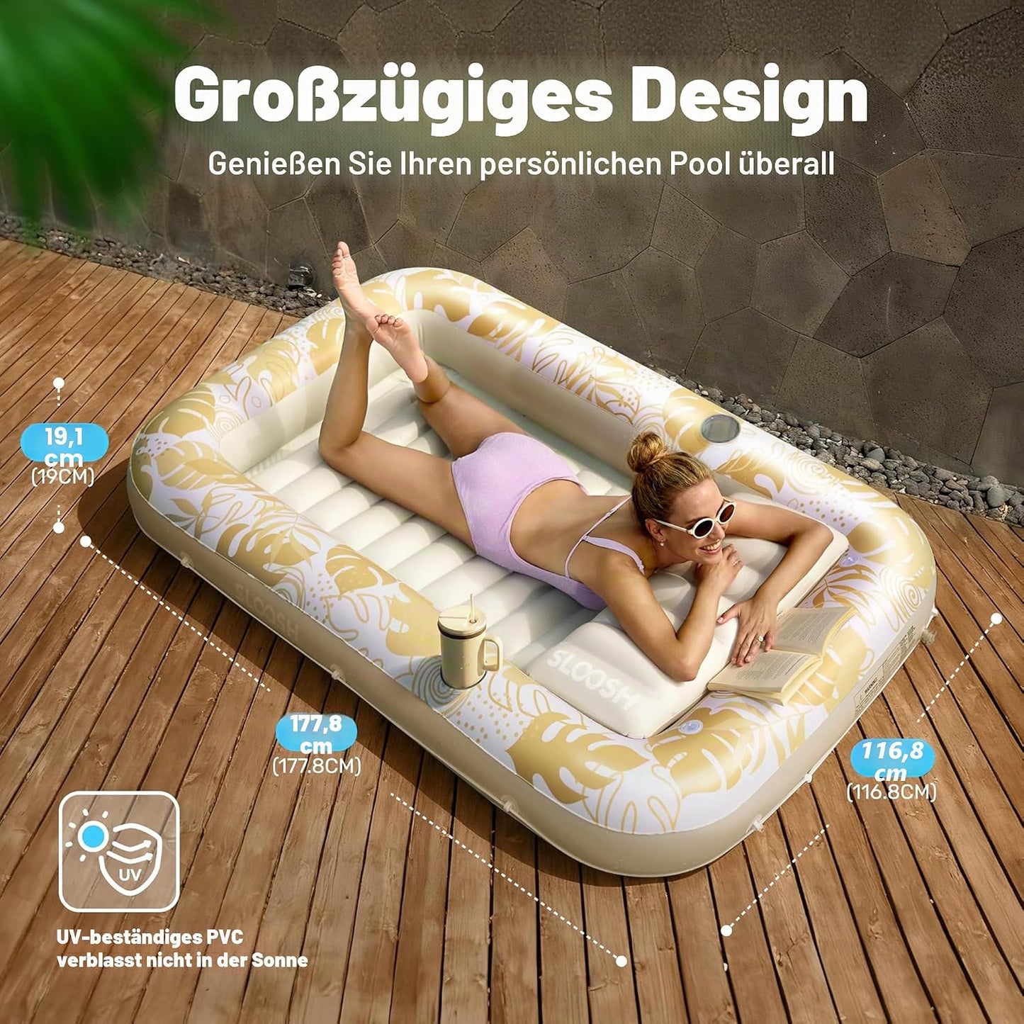 Aufblasbarer 4-in-1 Sonnenliegepool mit Kissen und Getränkehalter, Gold Weiss L