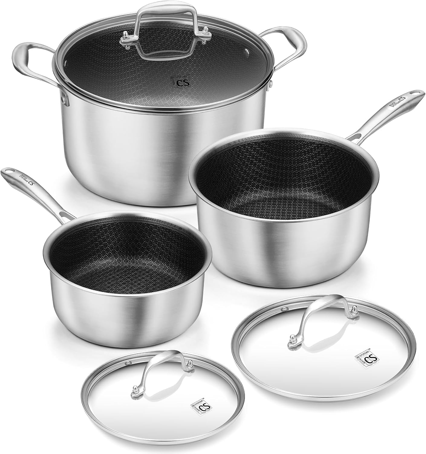 Edelstahl-Topfset mit Hybrid-Antihaftbeschichtung (6-teilig), 18cm+20cm+26cm