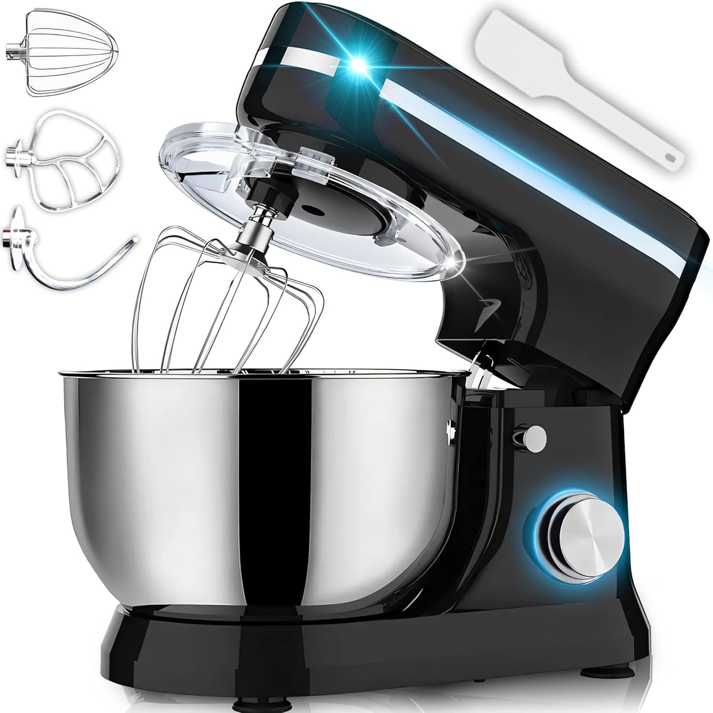 3-in-1 Küchenmaschine mit Schneebesen, Rühr- & Knethaken & Spritzschutz