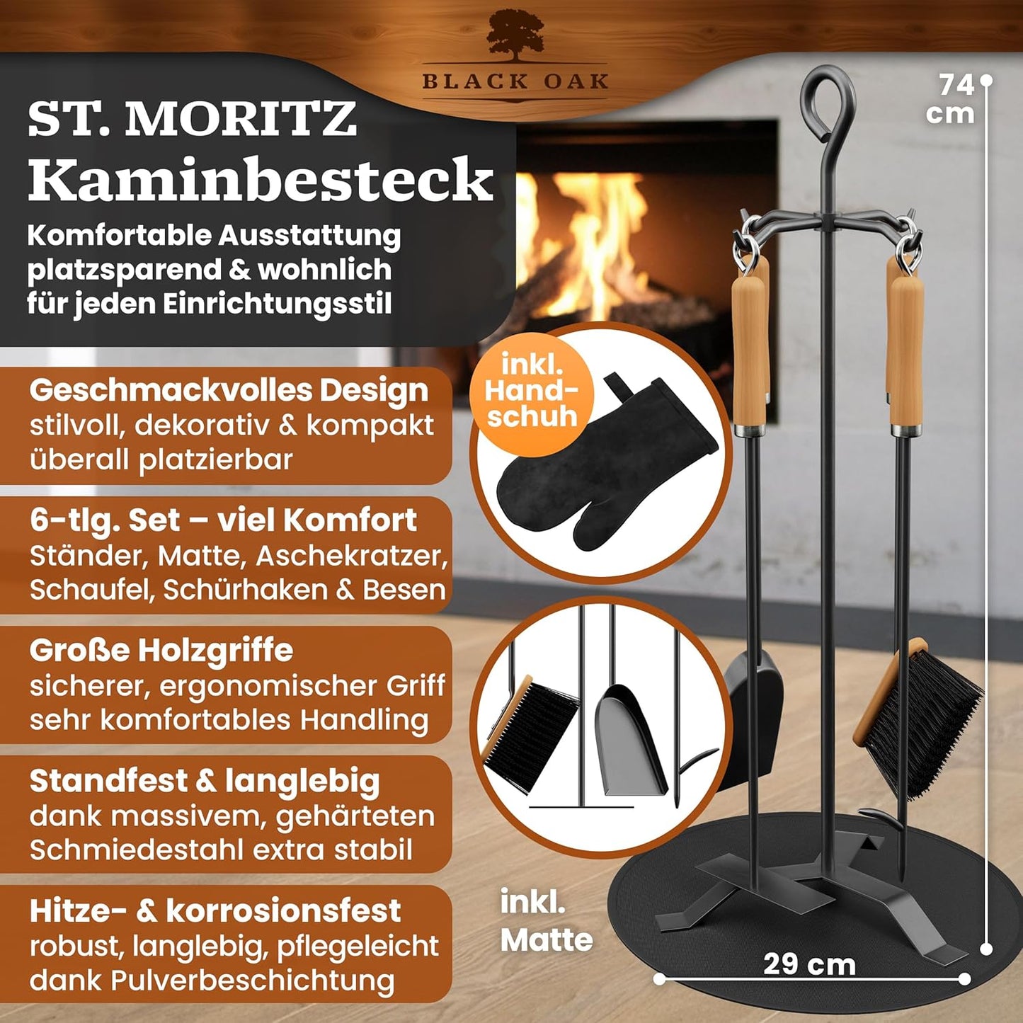 Kaminbesteck-Set St. Moritz, Kaminbesteck + Handschuh